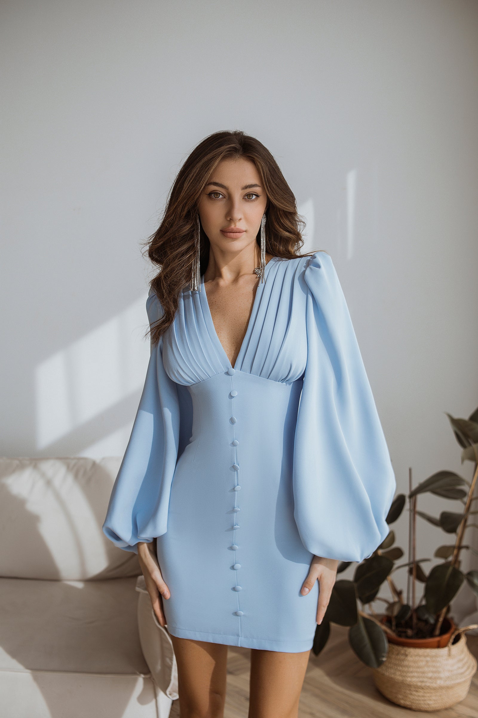 Adriana Sky-Blue Backless Puff Sleeve Crepe Mini Dress