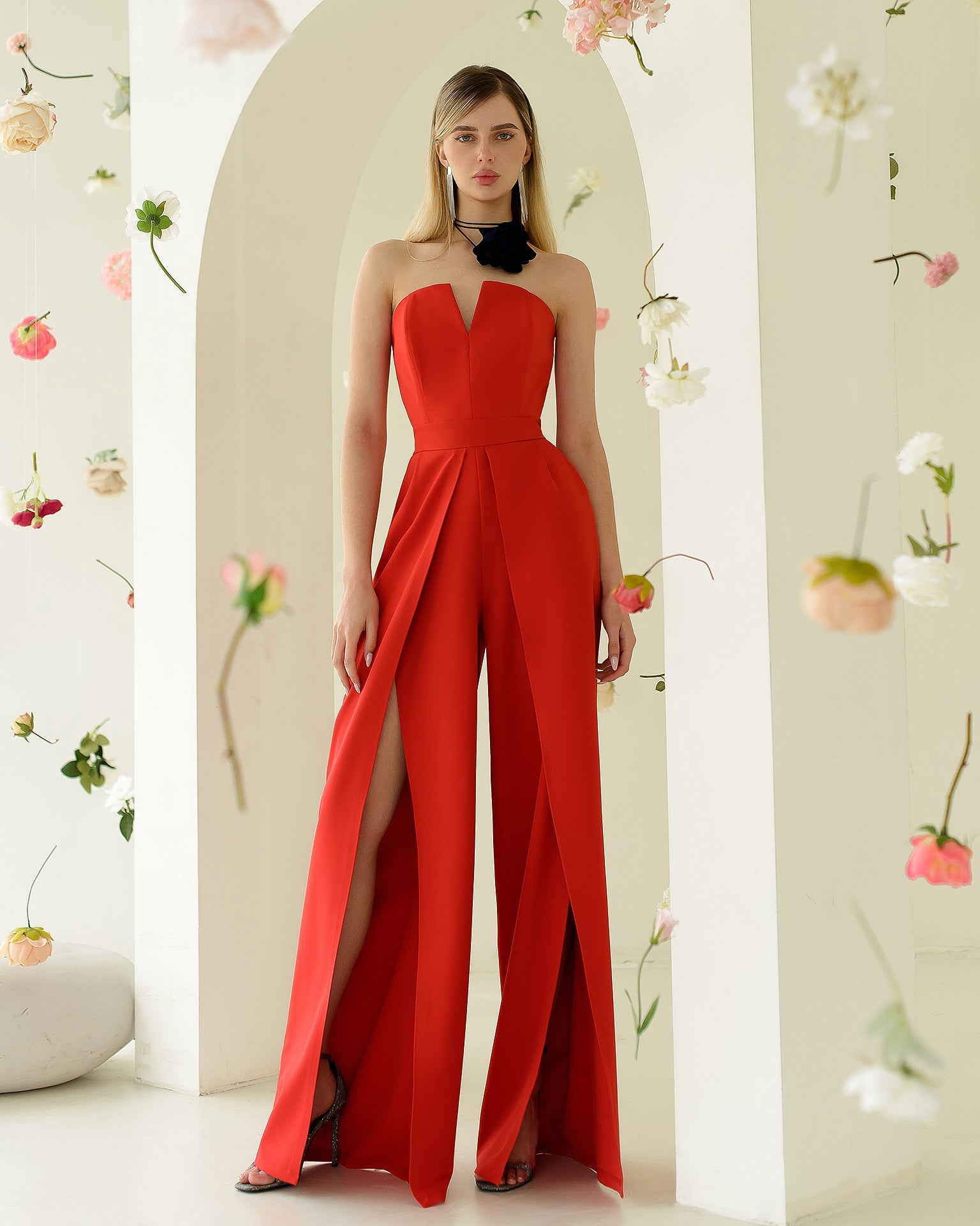 Adriana Red Strapless V-Neck Culotte Jumpsuit