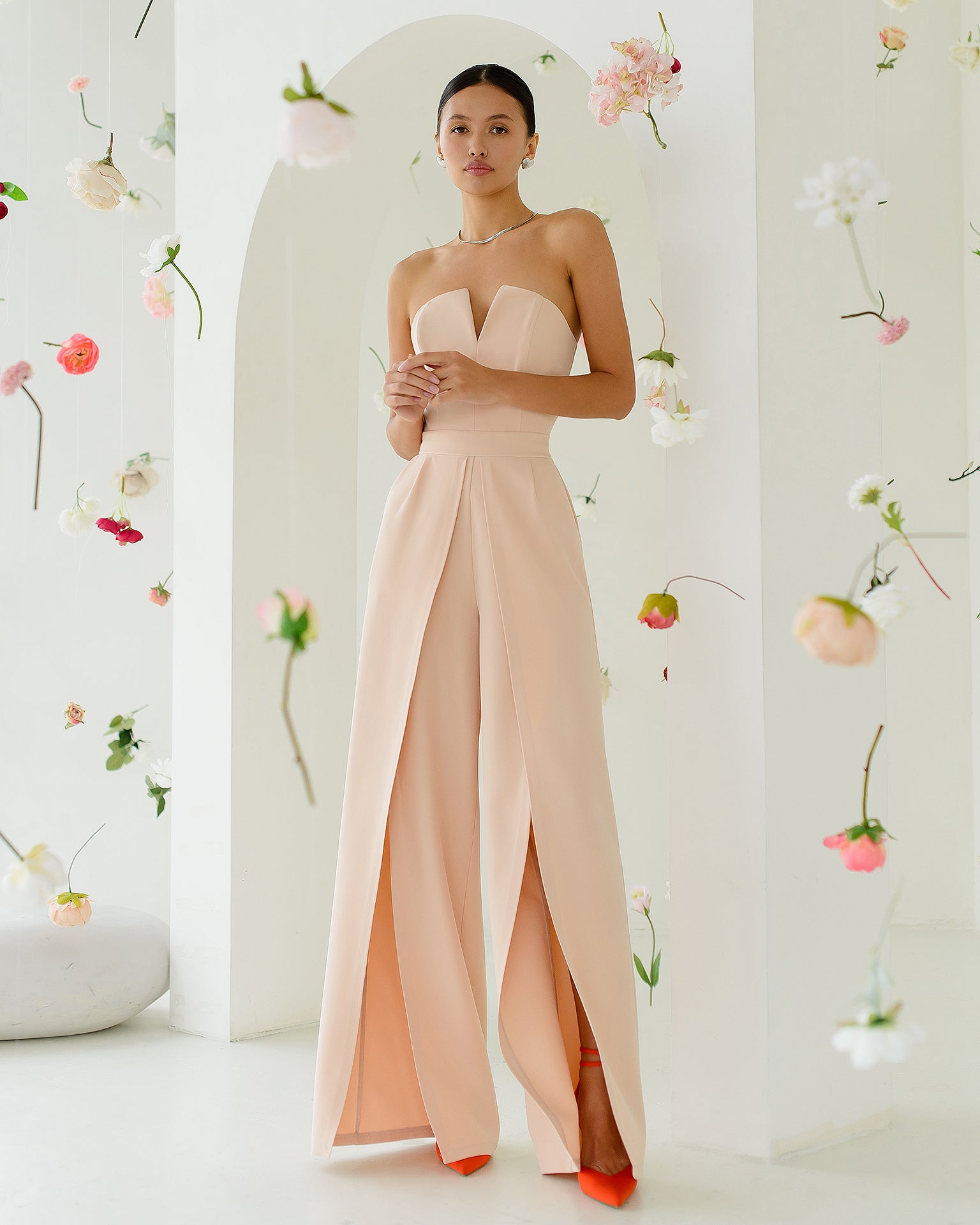 Adriana Beige Strapless V-Neck Culotte Jumpsuit