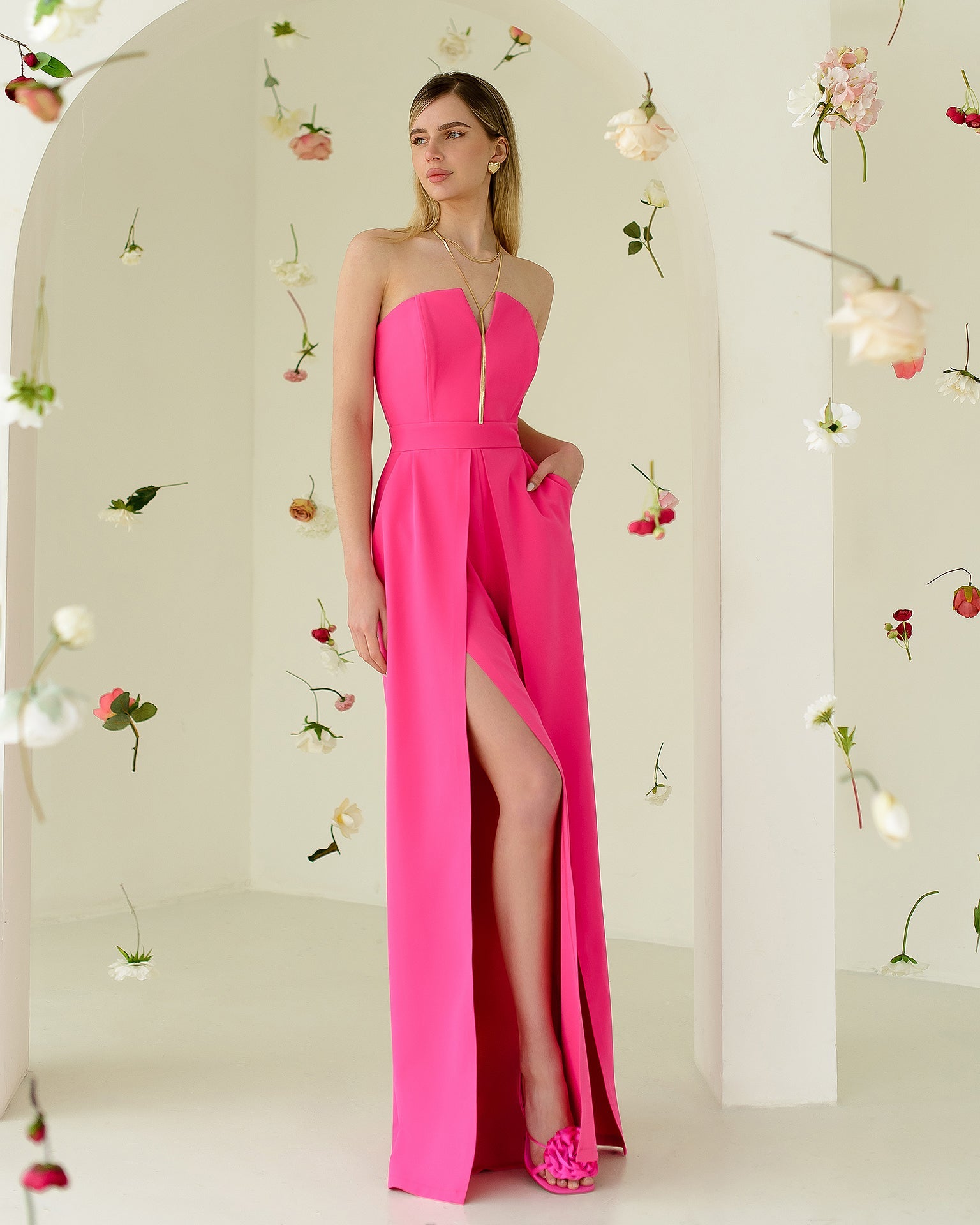Adriana Crimson Strapless V-Neck Culotte Jumpsuit