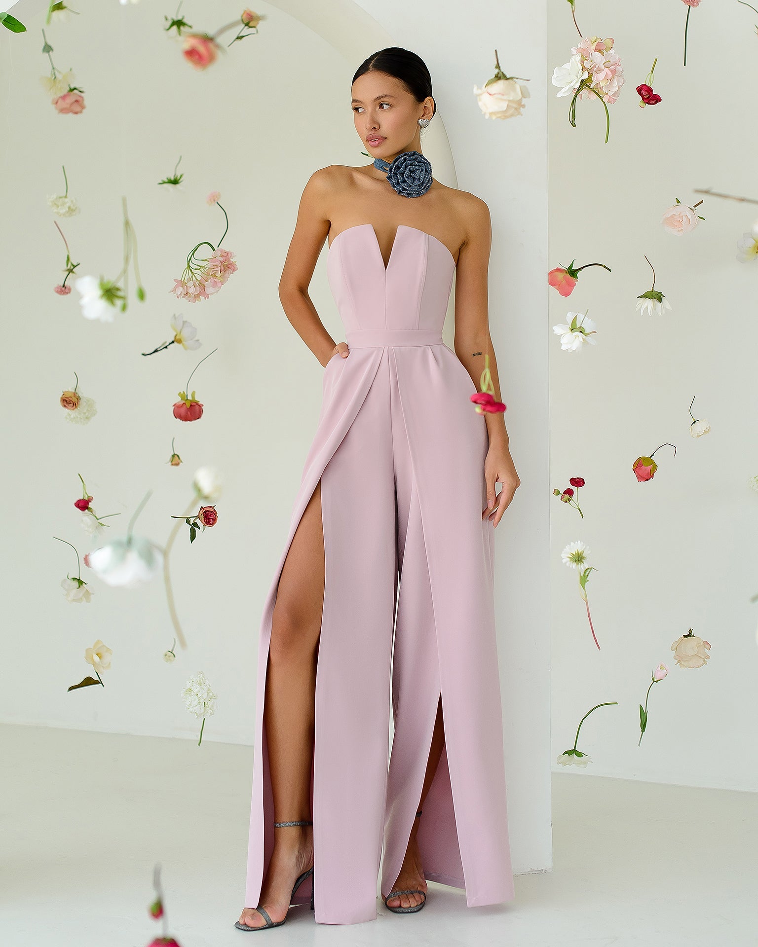 Adriana Dusty Pink Strapless V-Neck Culotte Jumpsuit