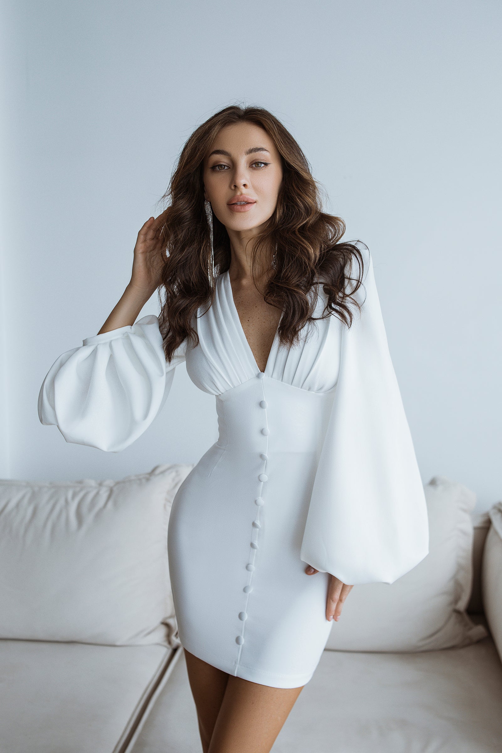 Adriana White Backless Puff Sleeve Crepe Mini Dress