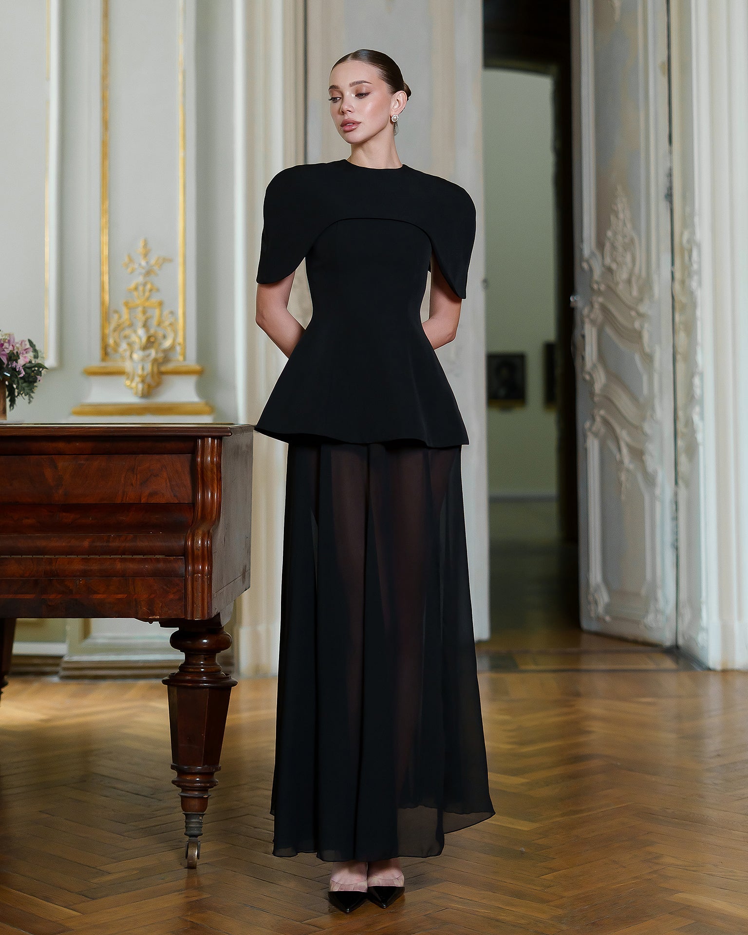 Adriana Black Cape-Detail Peplum Chiffon Maxi Dress
