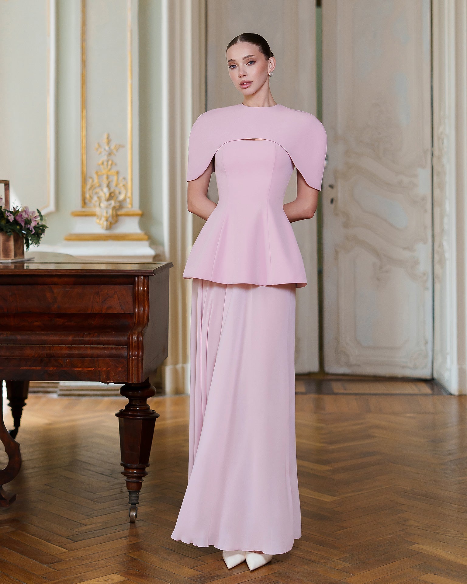 Adriana Pink Cape-Detail Peplum Chiffon Maxi Dress