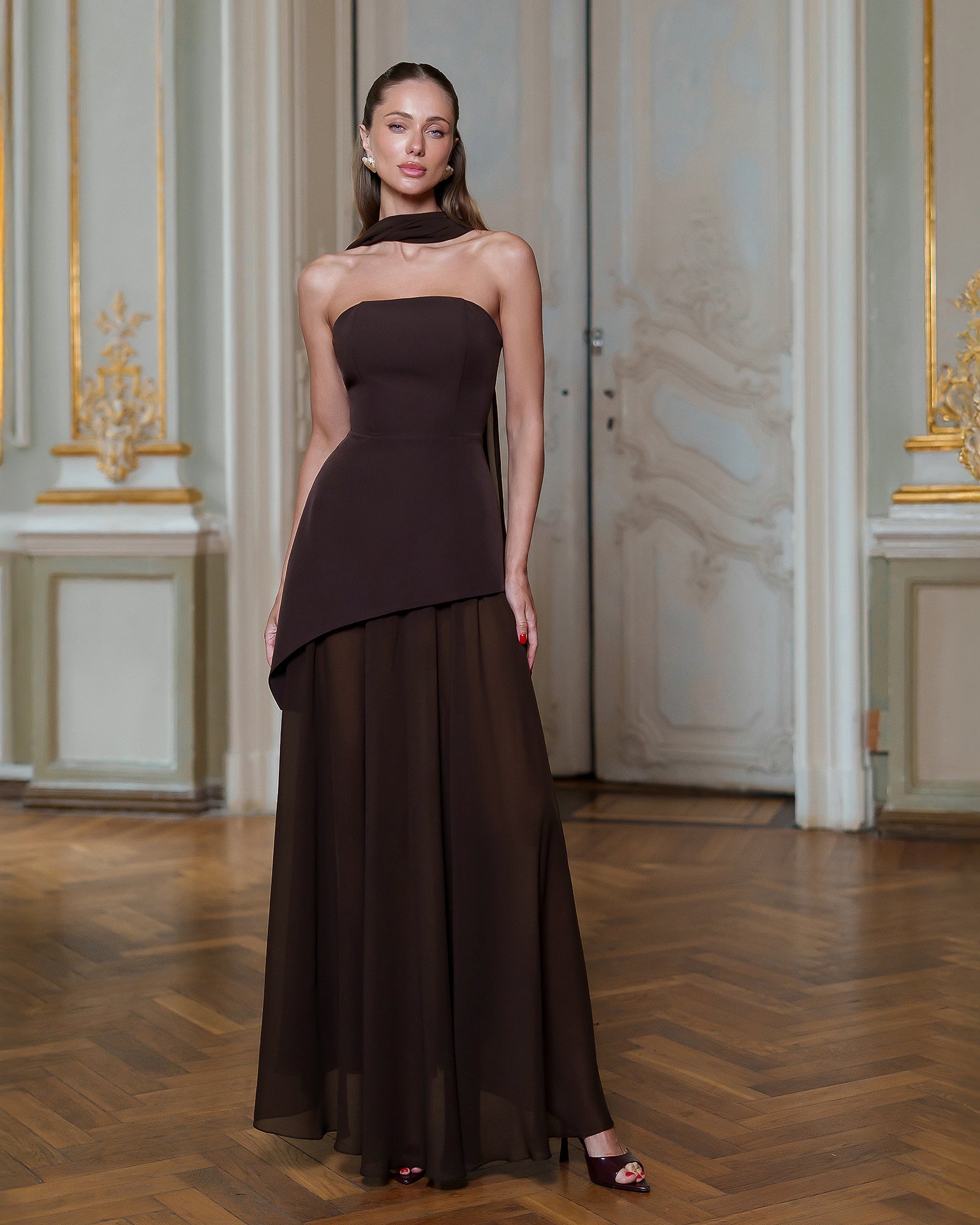 Adriana Brown Strapless Corset Chiffon Overskirt Maxi Dress