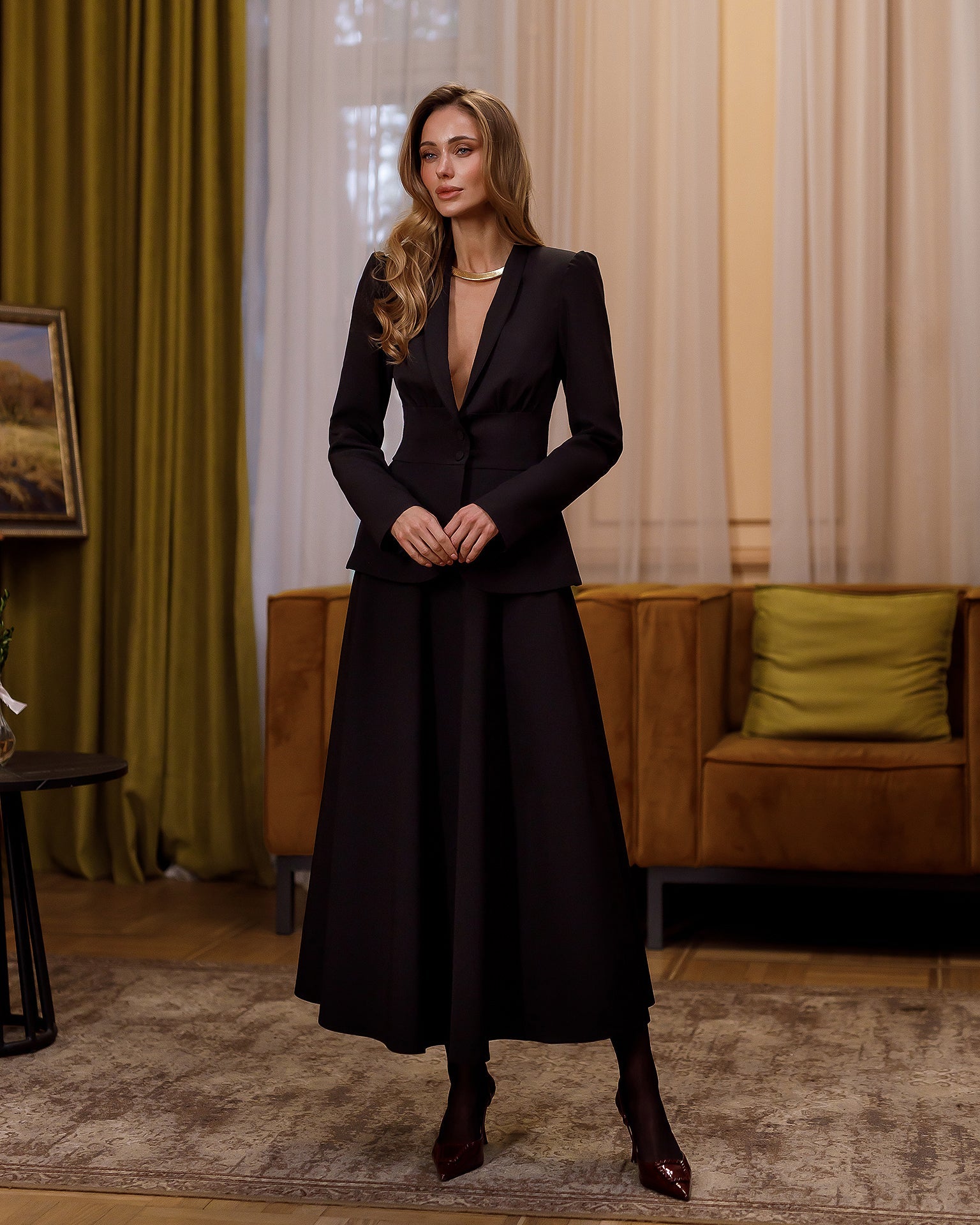 Beatrice Black Collarless Jacket Midi Skirt Two-Piece Suit