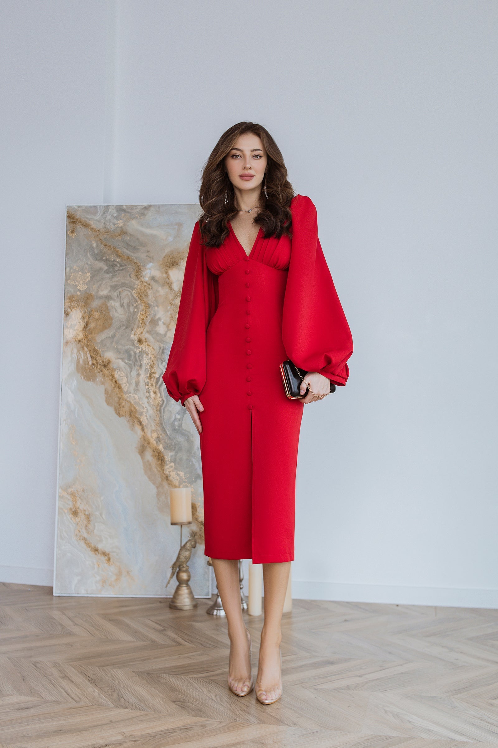 Adriana Red Backless Puff Sleeve Crepe Midi Dress