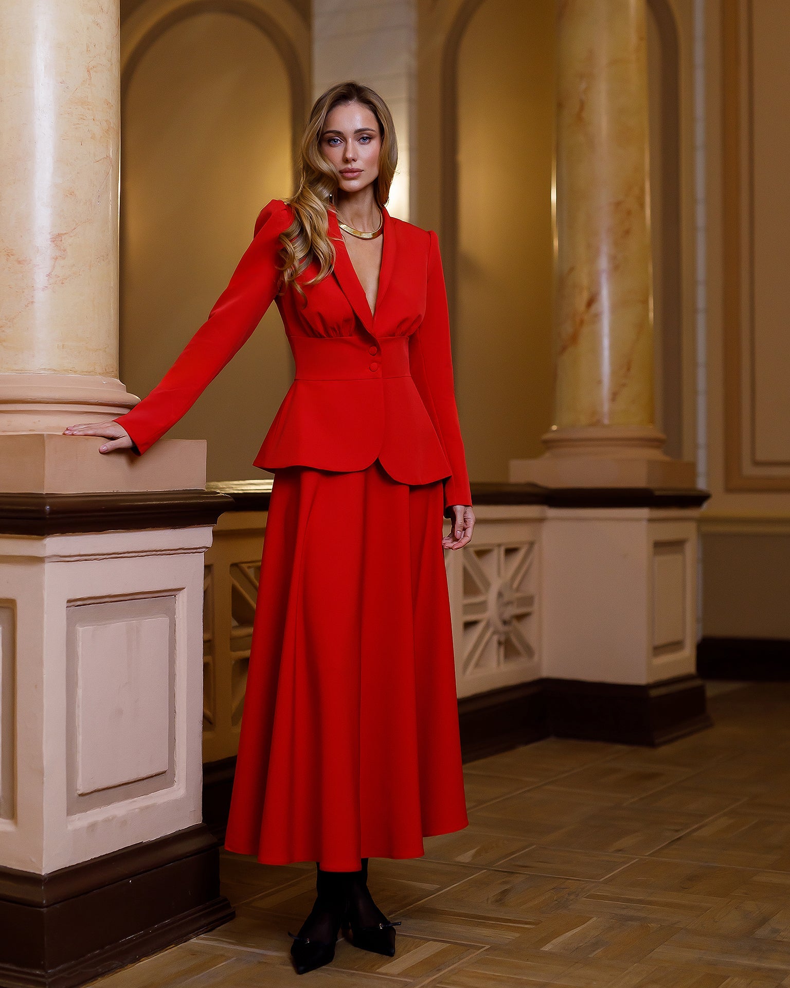 Beatrice Red Collarless Jacket Midi Skirt Two-Piece Suit