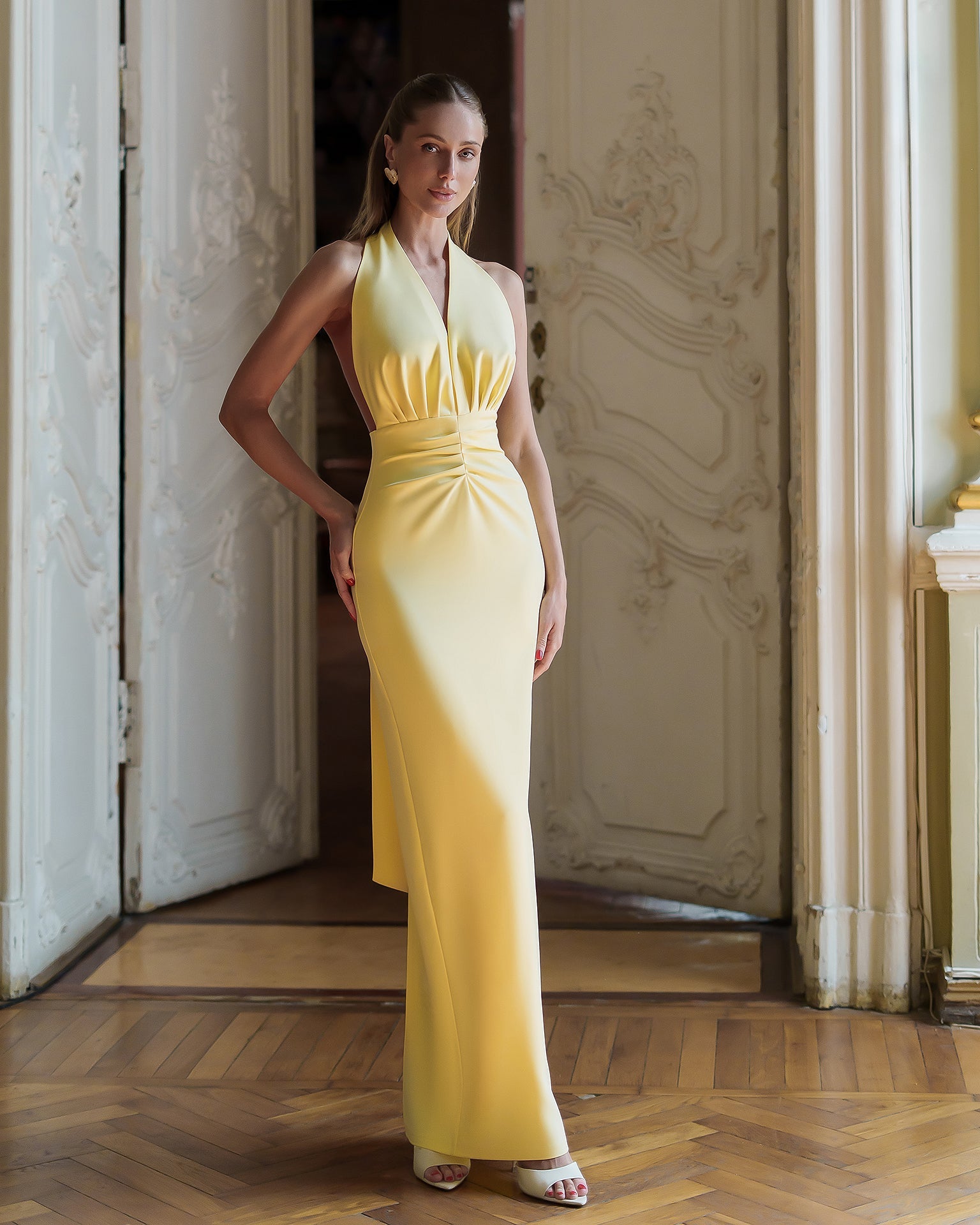 Adriana Yellow Halter-Neck Backless Maxi Dress