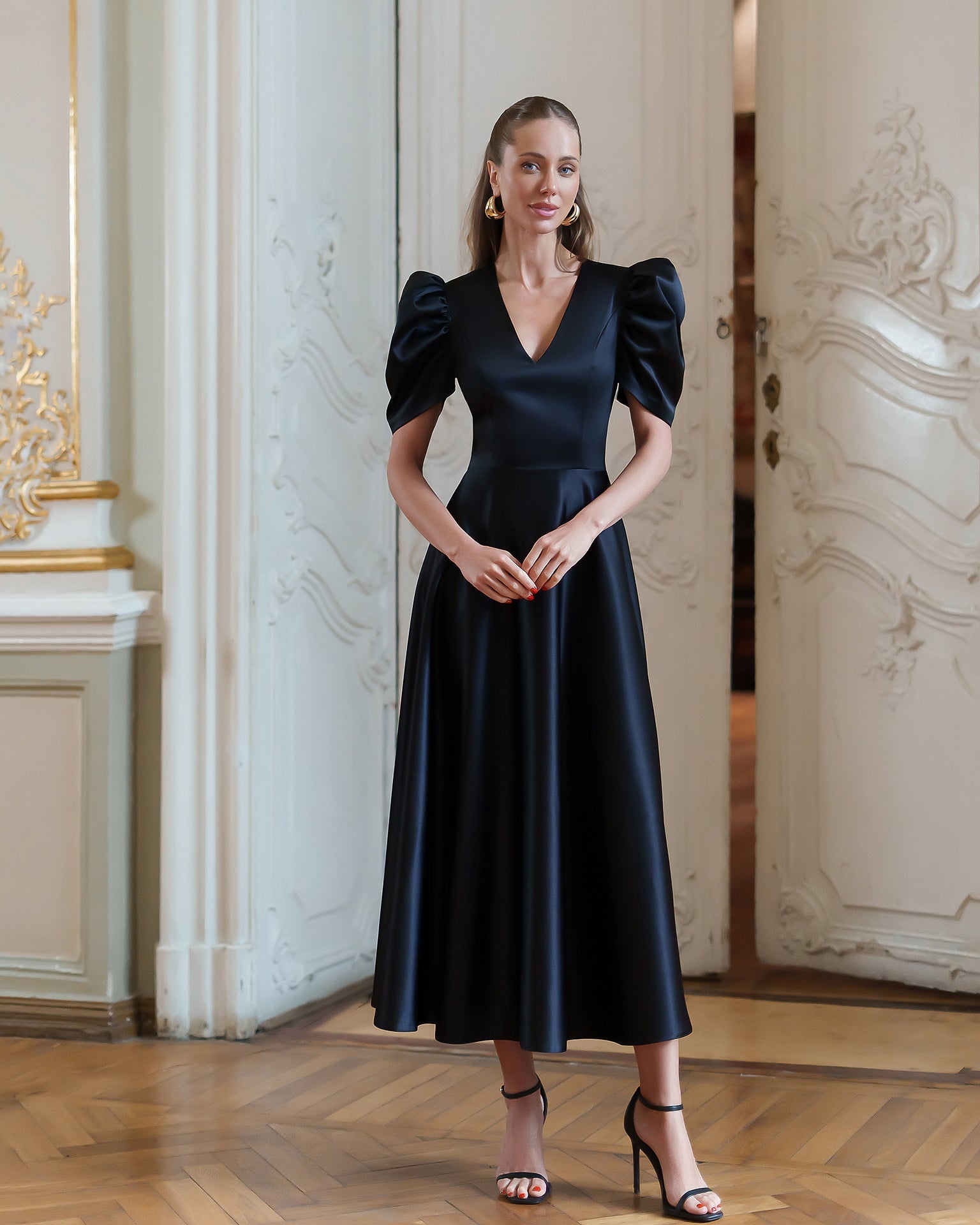 Fiamma Black Satin V-Neck Puff Sleeve Midi Dress