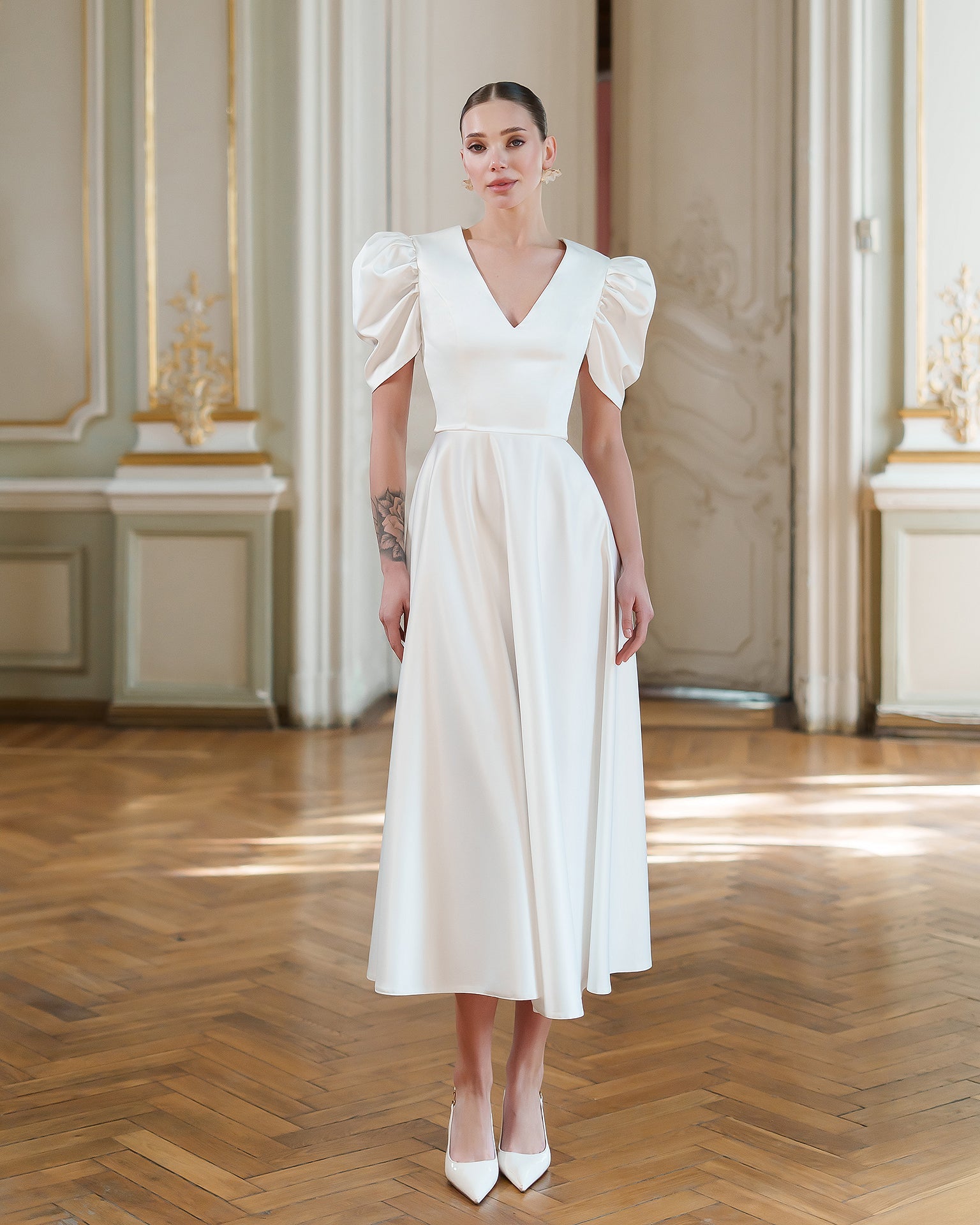 Fiamma White Satin V-Neck Puff Sleeve Midi Dress