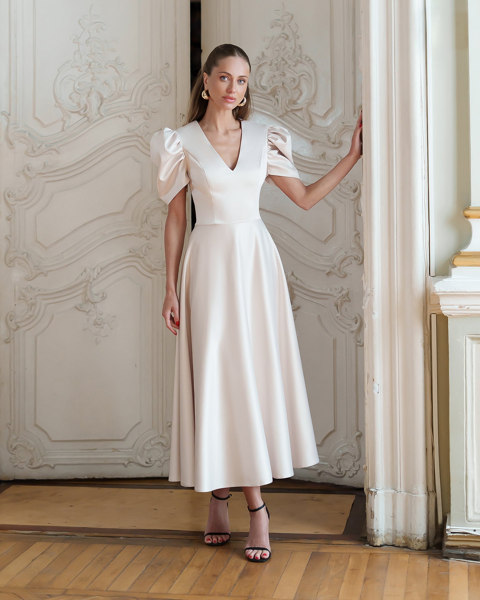 Fiamma Beige Satin V-Neck Puff Sleeve Midi Dress