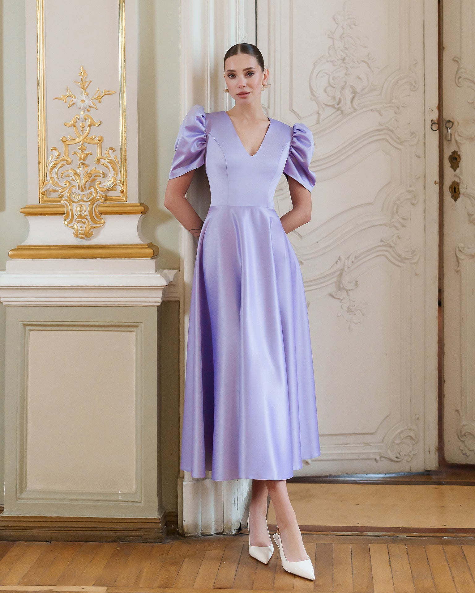 Fiamma Lavender Satin V-Neck Puff Sleeve Midi Dress