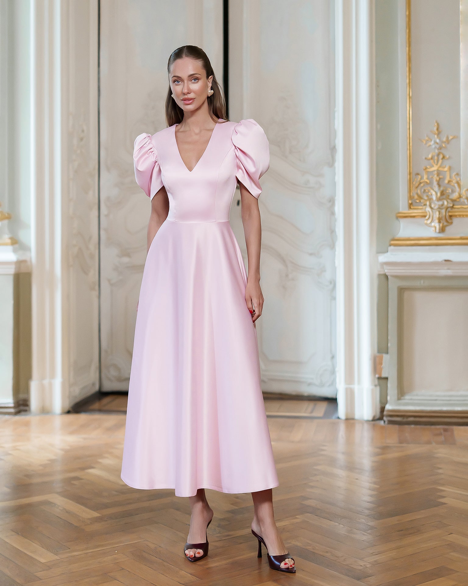 Fiamma Pink Satin V-Neck Puff Sleeve Midi Dress