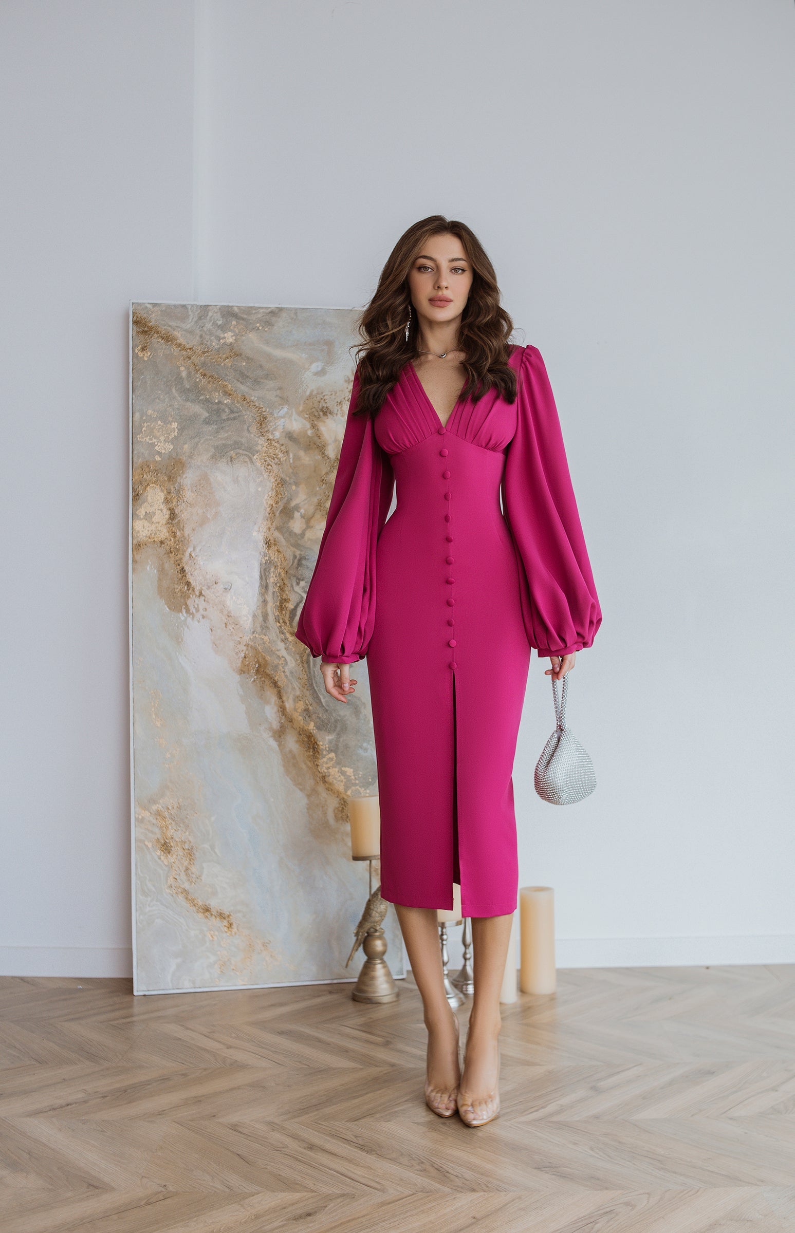 Adriana Crimson Backless Puff Sleeve Crepe Midi Dress
