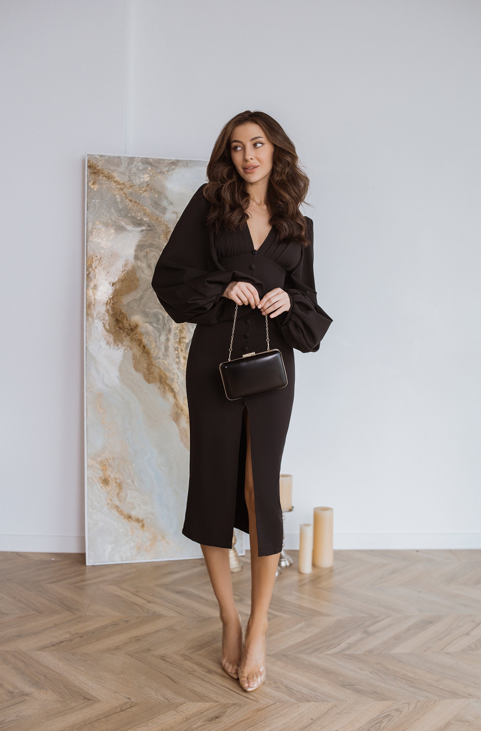 Adriana Black Backless Puff Sleeve Crepe Midi Dress