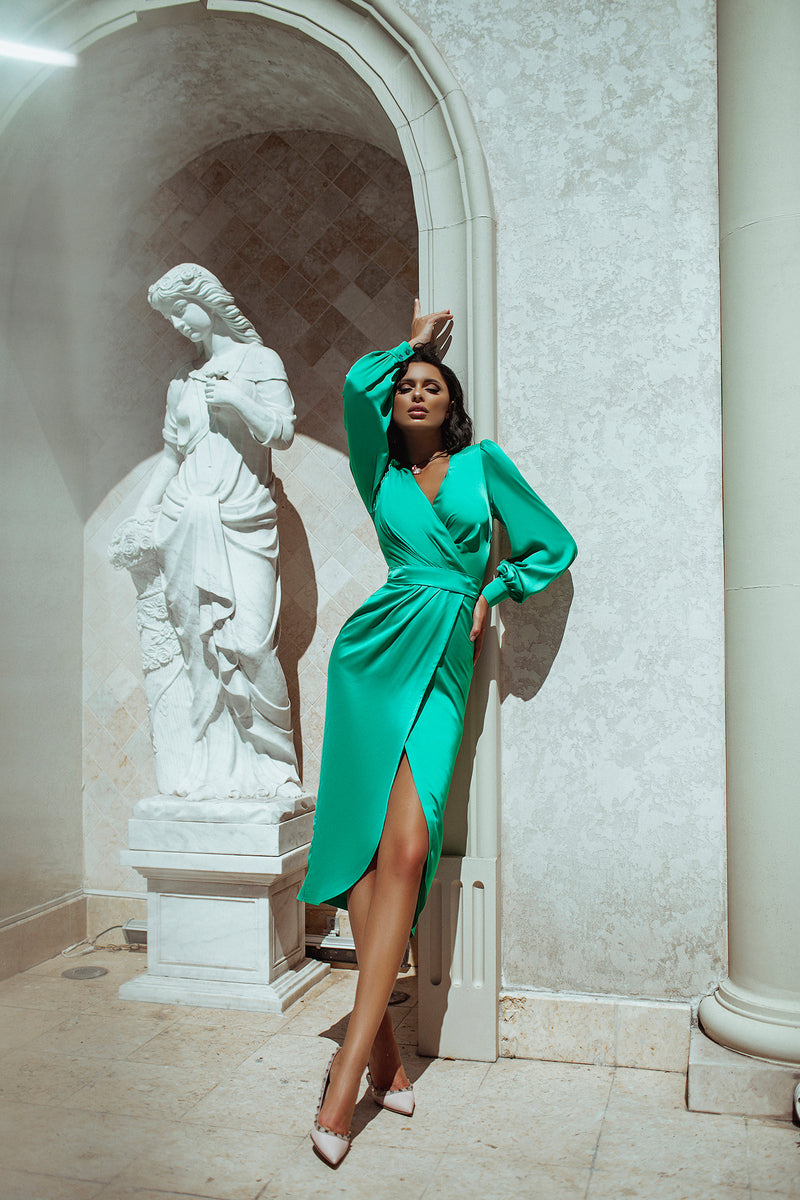 Aurora Green Wrap Long Sleeve Satin Midi Dress