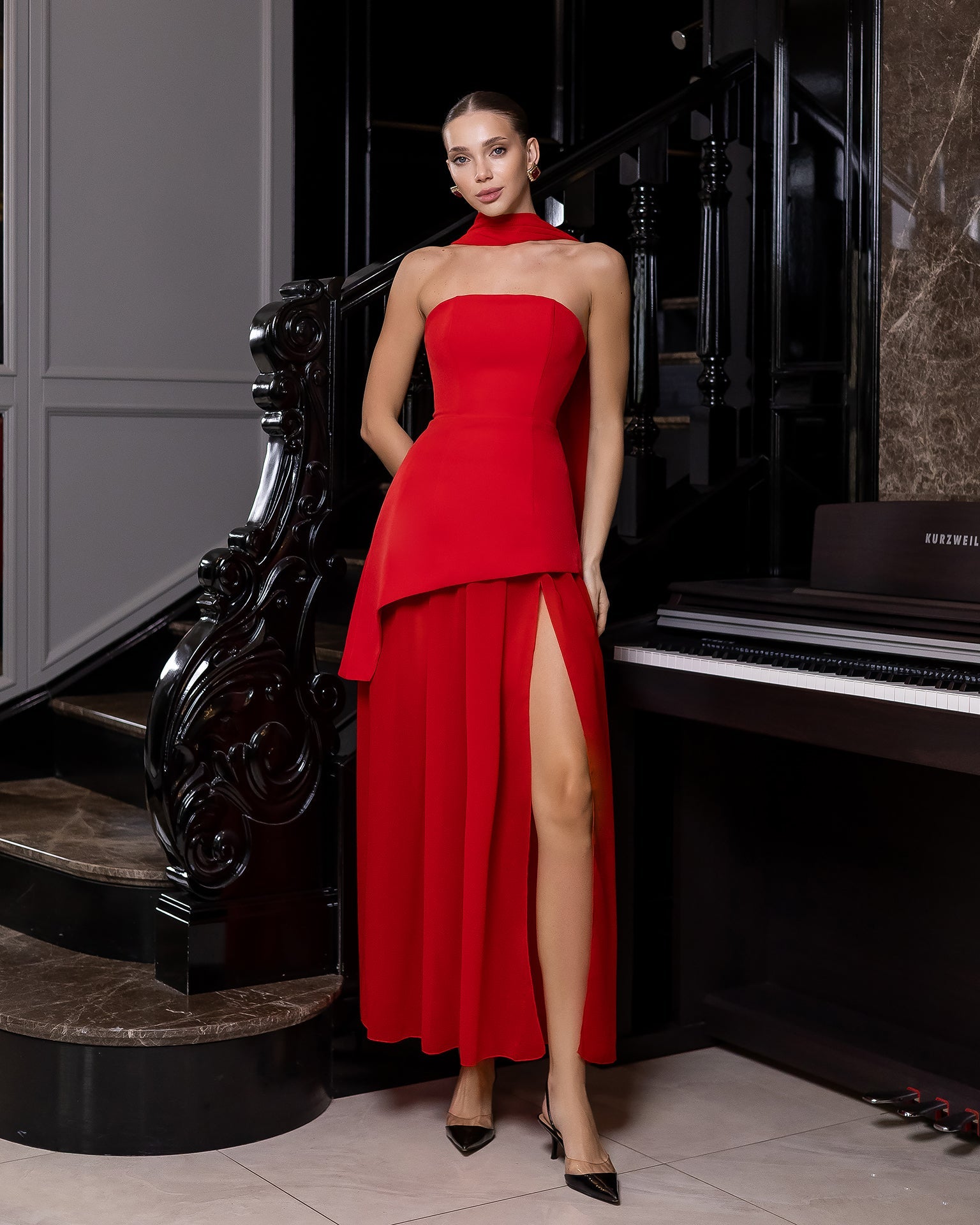 Adriana Red Strapless Scarf Overskirt Maxi Dress