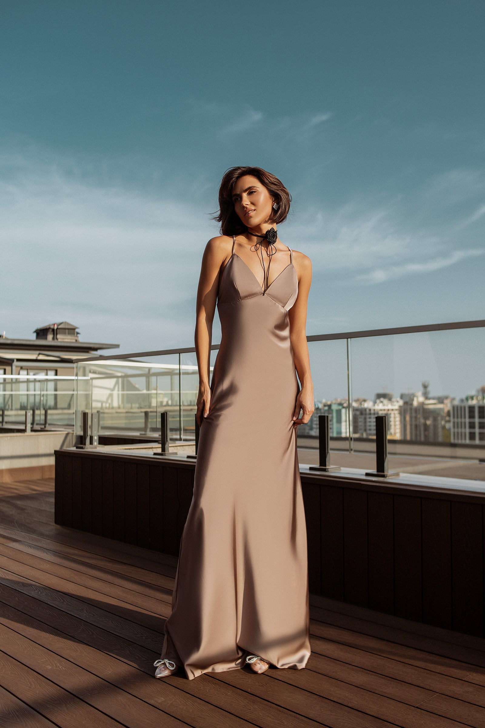 Adriana Mocha Satin Open-Back Slip Maxi Dress
