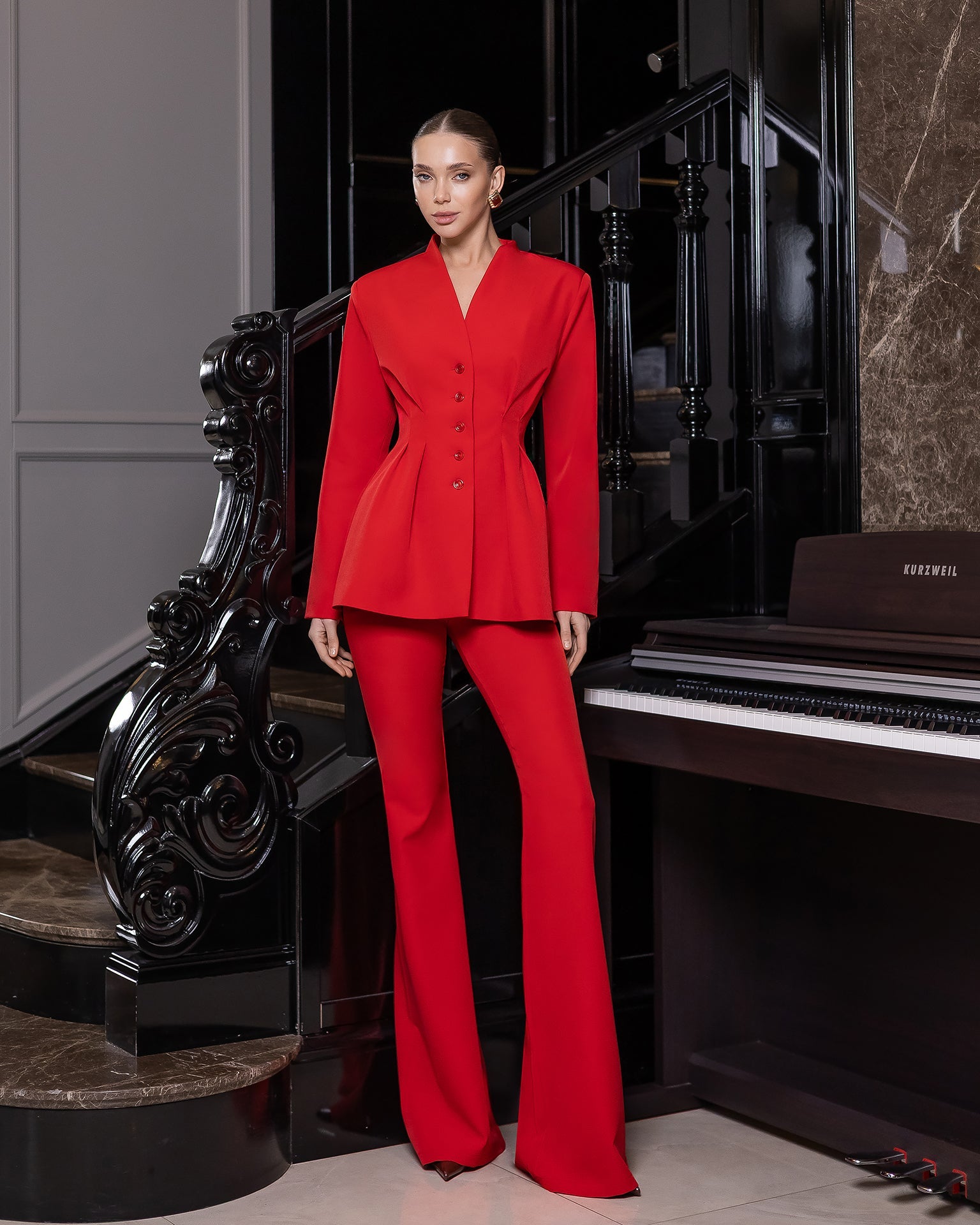 Camilla Red Single-Breasted Sculpted-Waist Two-Piece Suit
