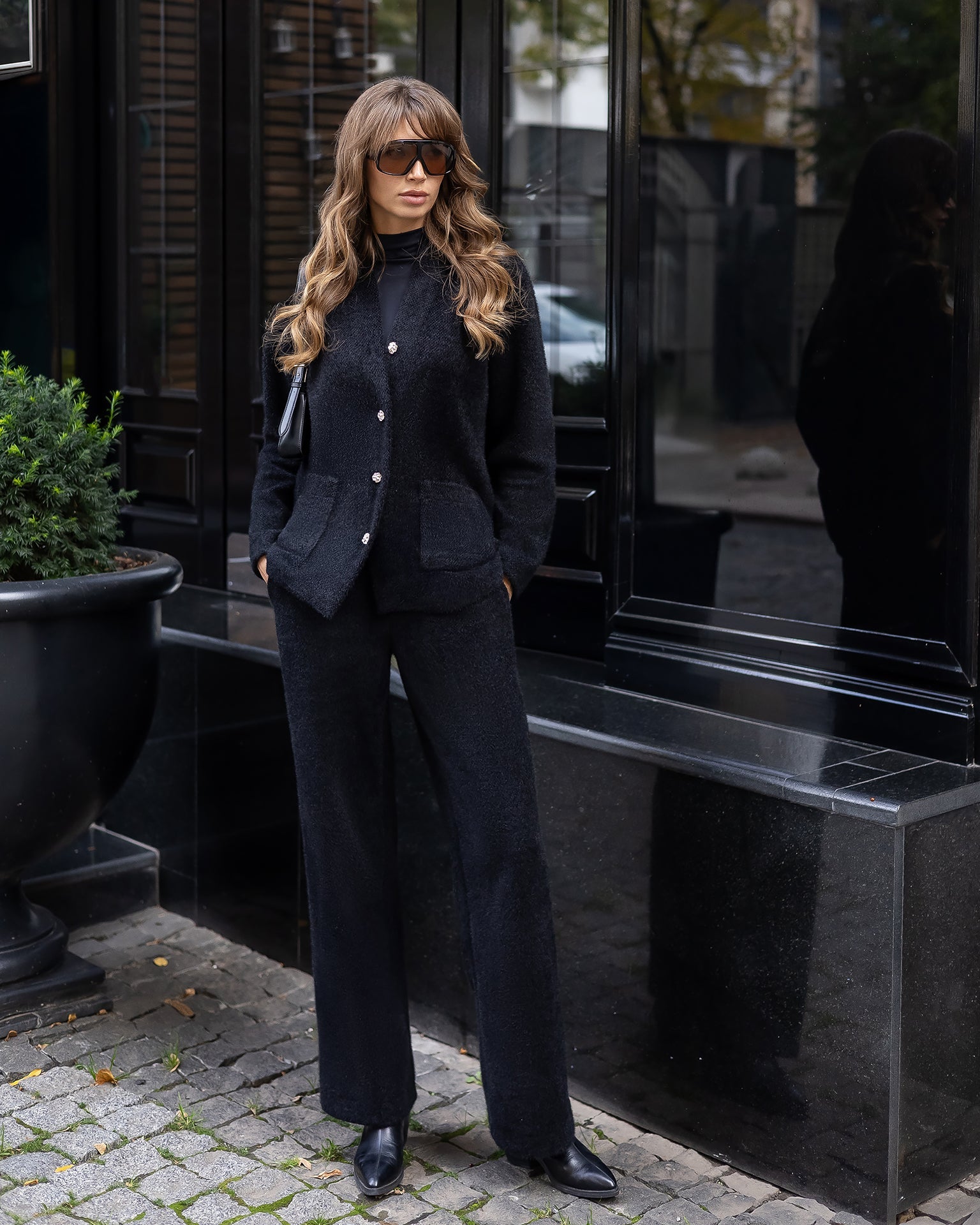 Isabella Black Cardigan & Wide-Leg Pants Two-Piece Set