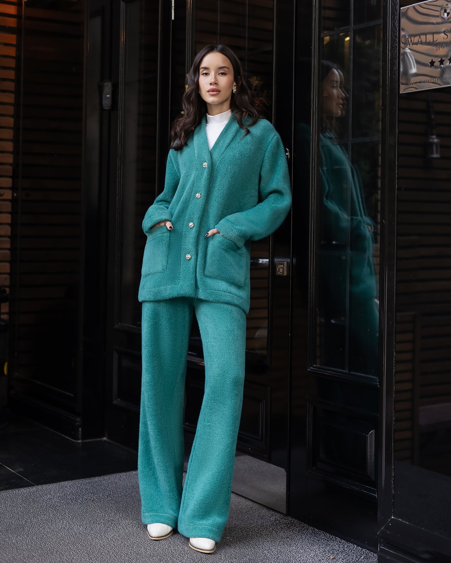 Isabella Green Cardigan & Wide-Leg Pants Two-Piece Set