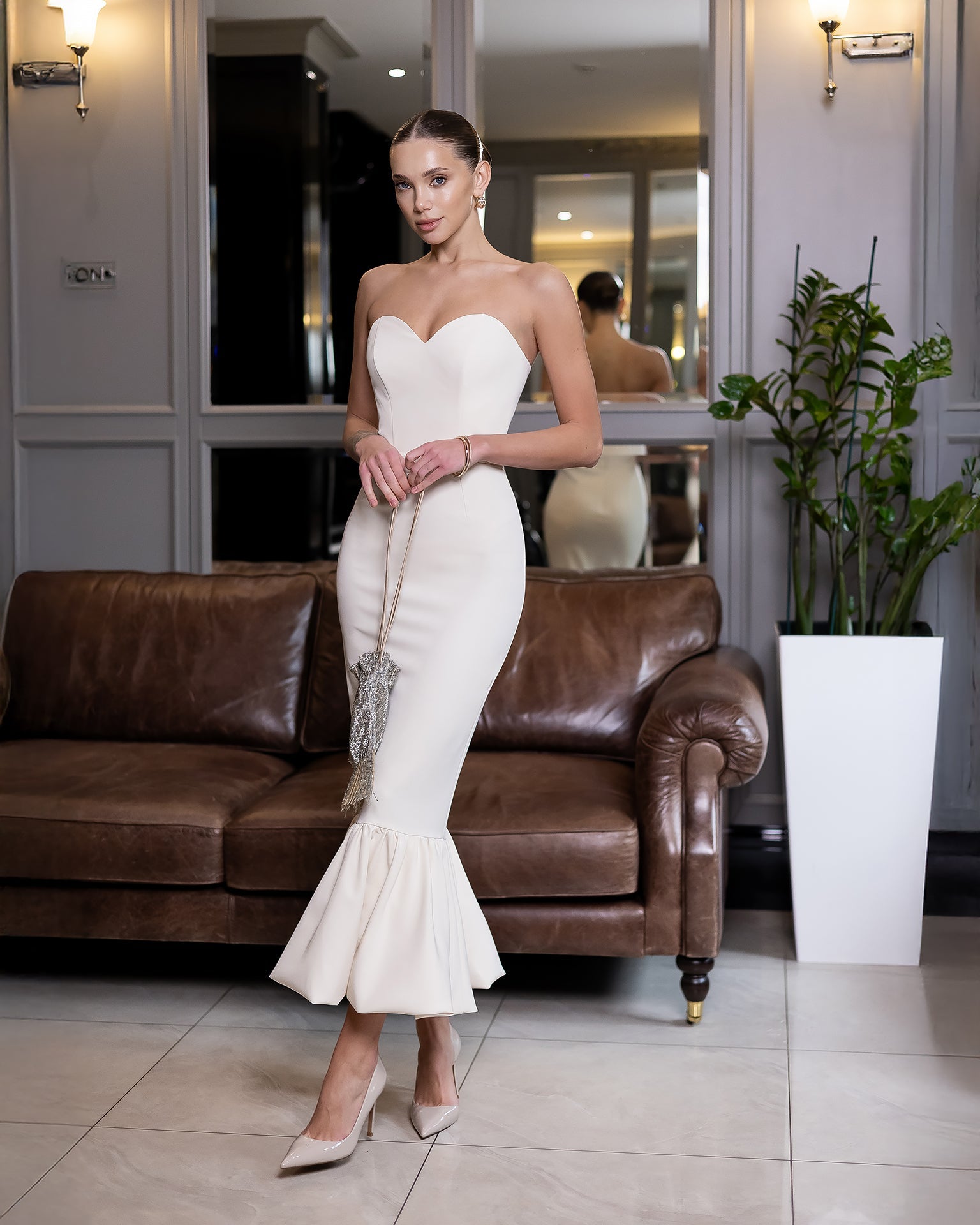 Beatrice Beige Strapless Ruffled-Hem Mermaid Midi Dress