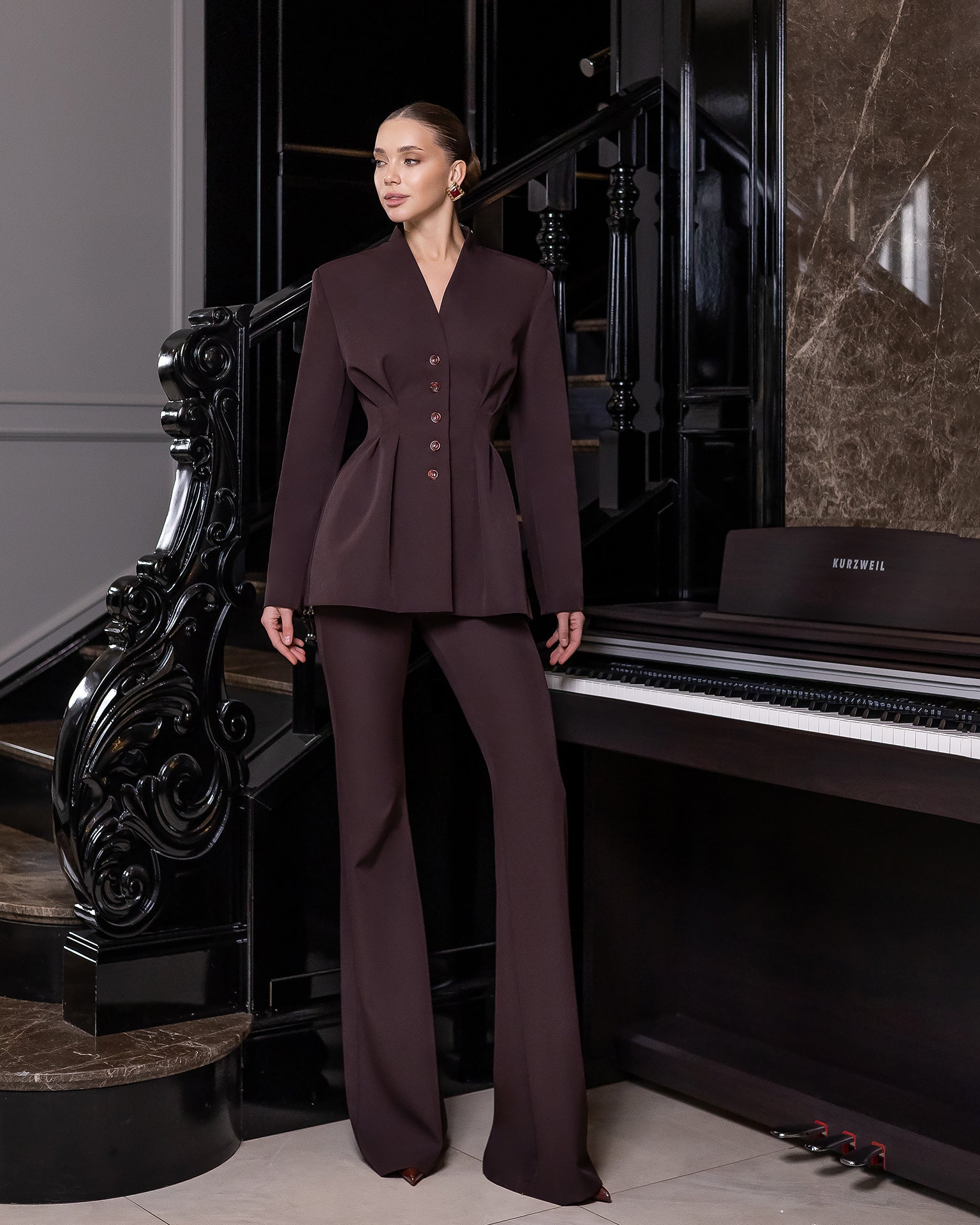 Camilla Brown Single-Breasted Sculpted-Waist Two-Piece Suit