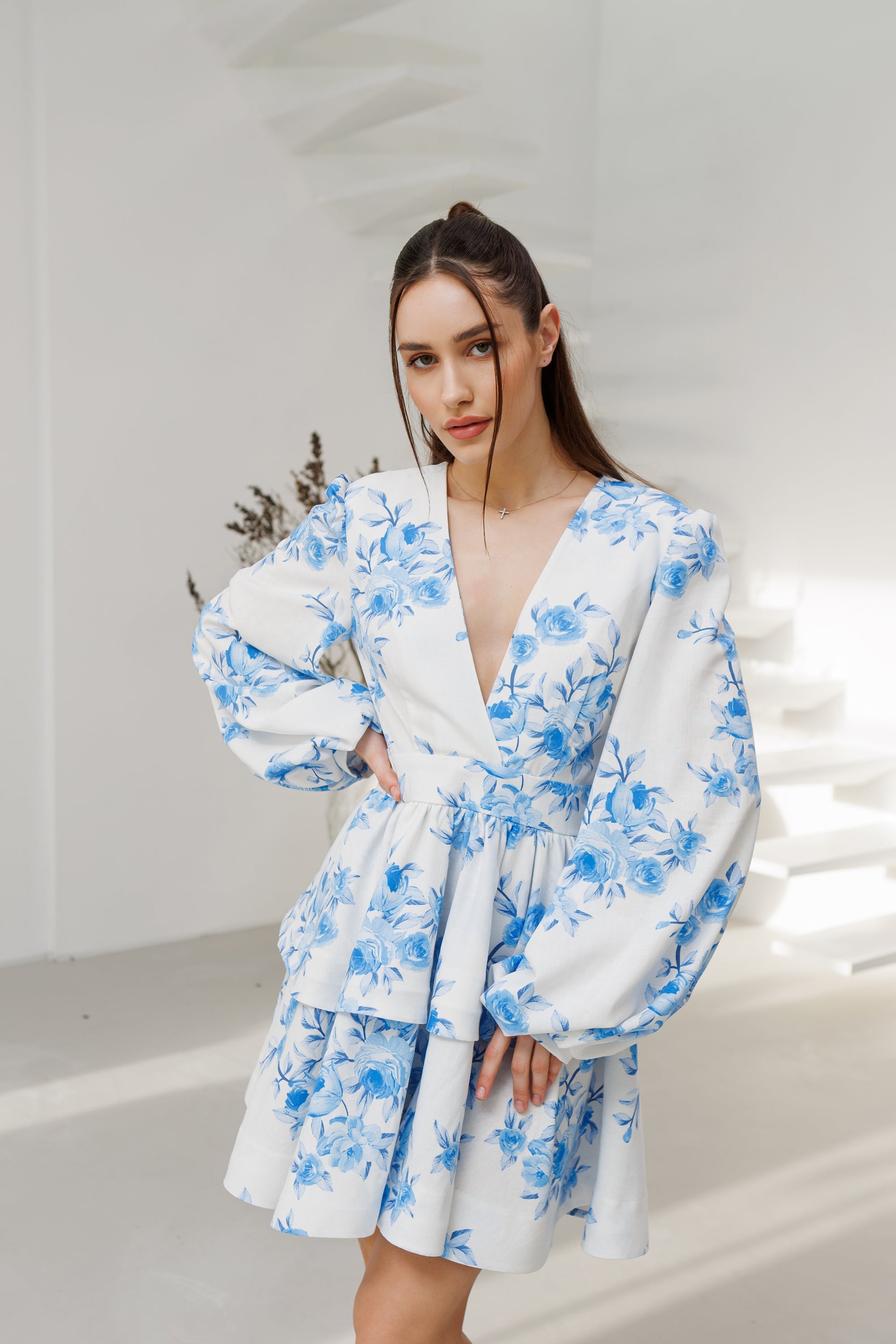 Adriana Blue Floral-Print V-Neck Puff Sleeve Mini Dress