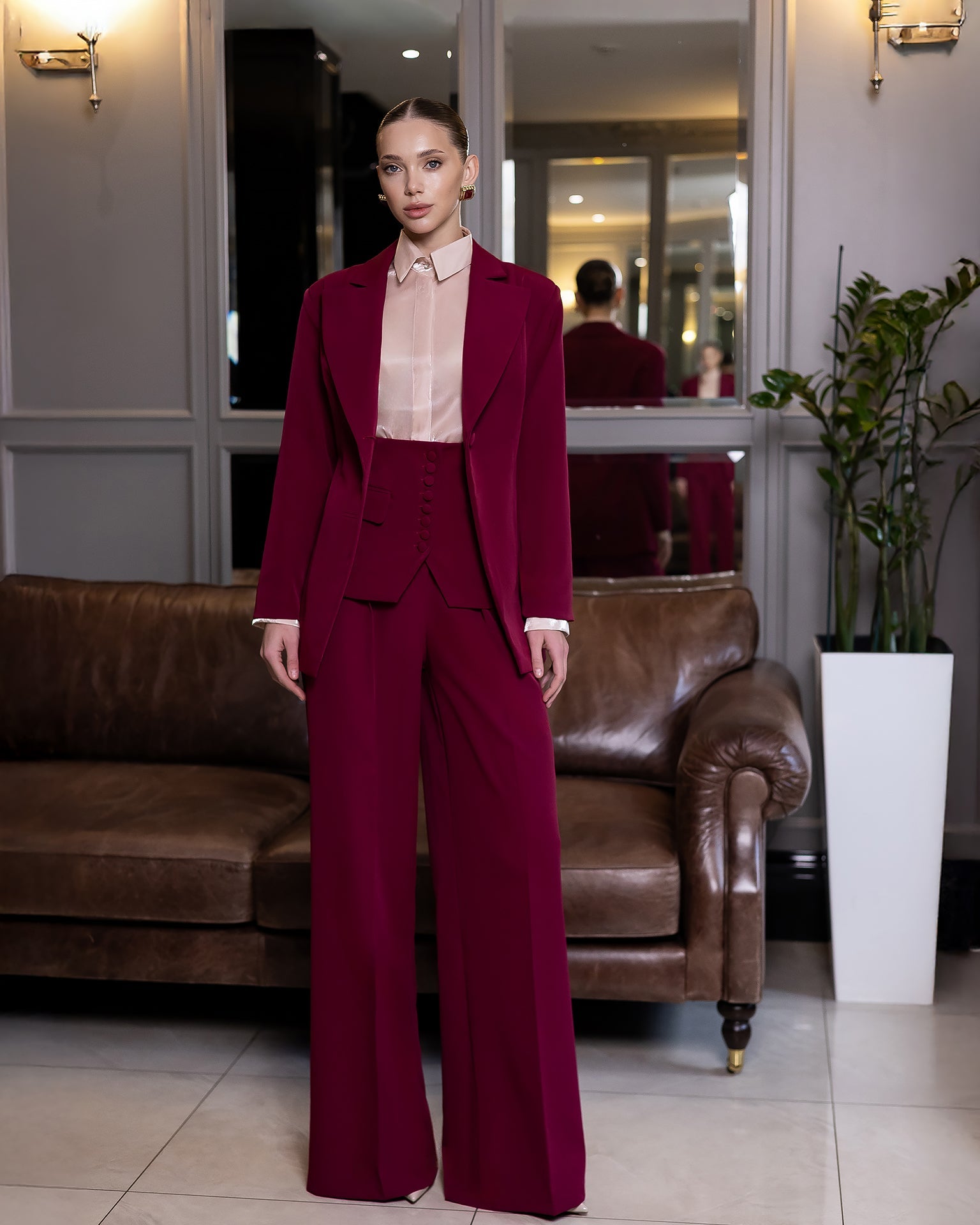 Adriana Bordeaux Tailored Peplum-Waist Two-Piece Suit
