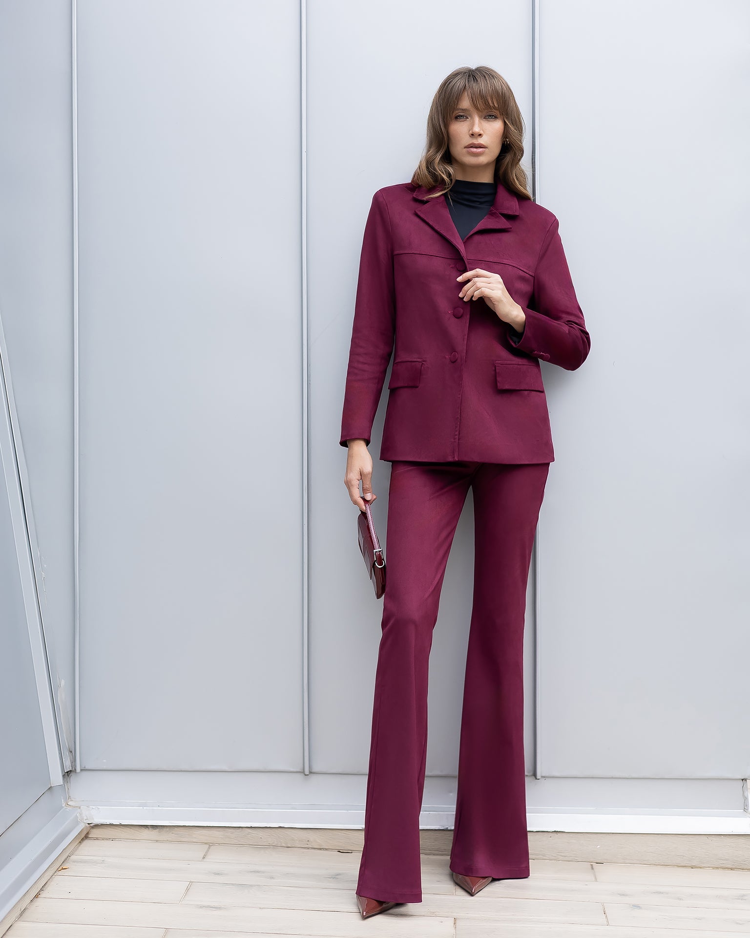 Aurora Bordeaux Suede Tailored Blazer & Flared Pants Two-Piece Suit