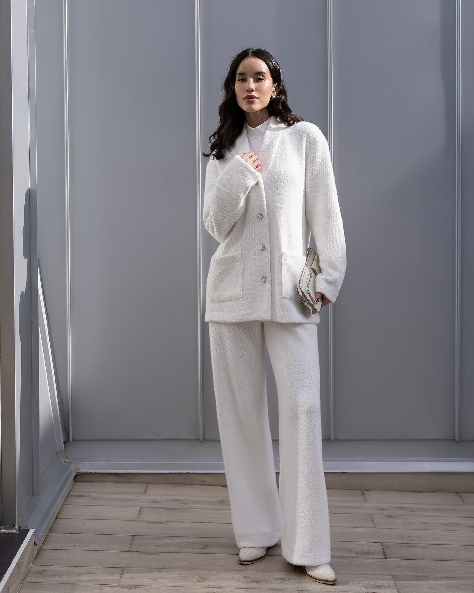 Isabella White Cardigan & Wide-Leg Pants Two-Piece Set