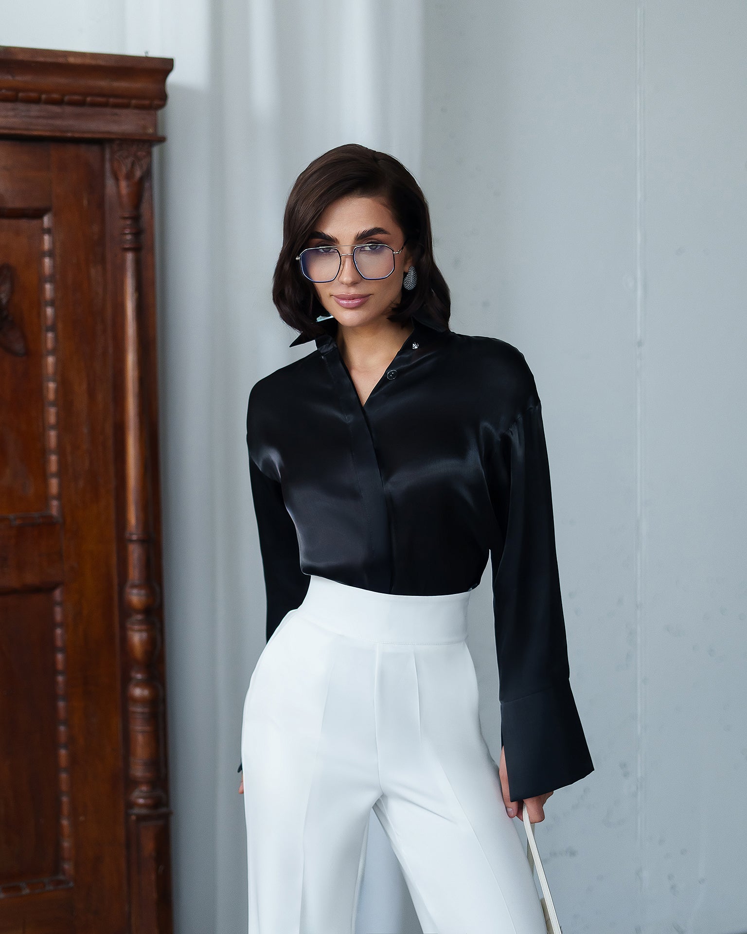 Adriana Black Organza Concealed Button-Up Blouse