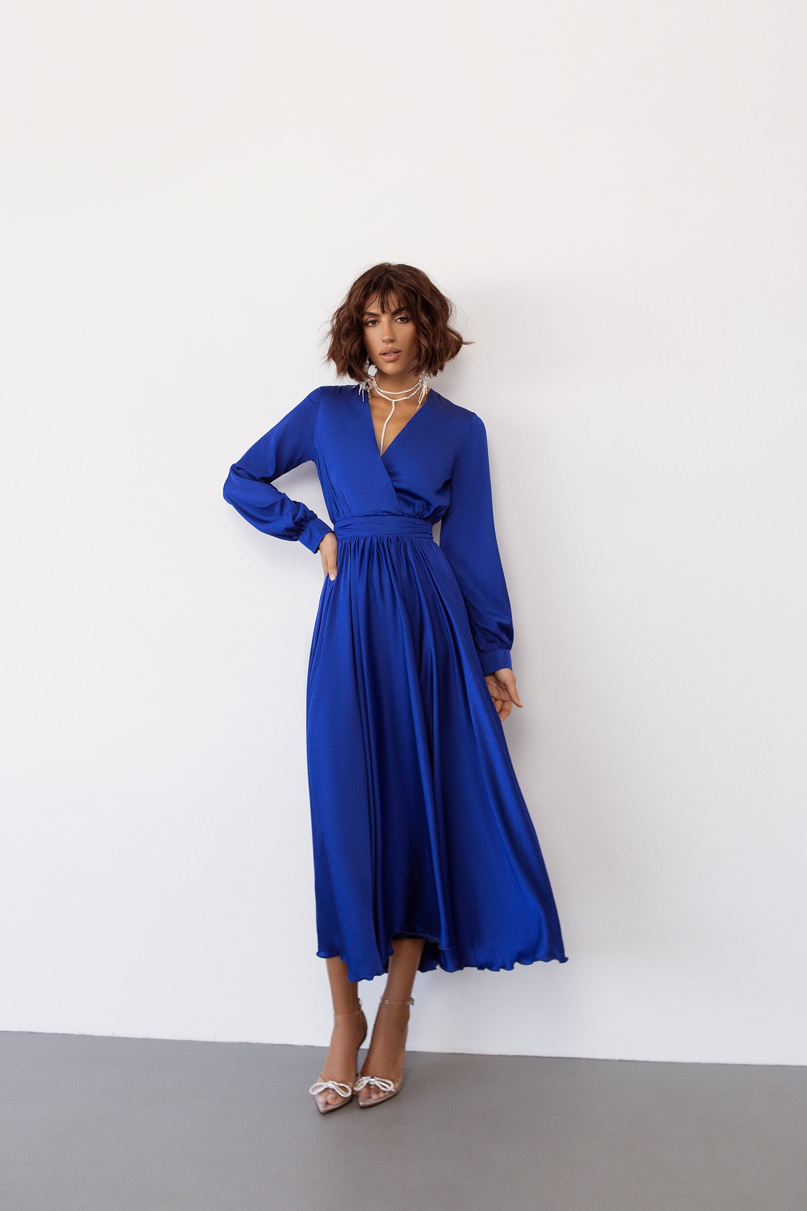 Adriana Blue Puff Sleeve Midi Wrap Dress