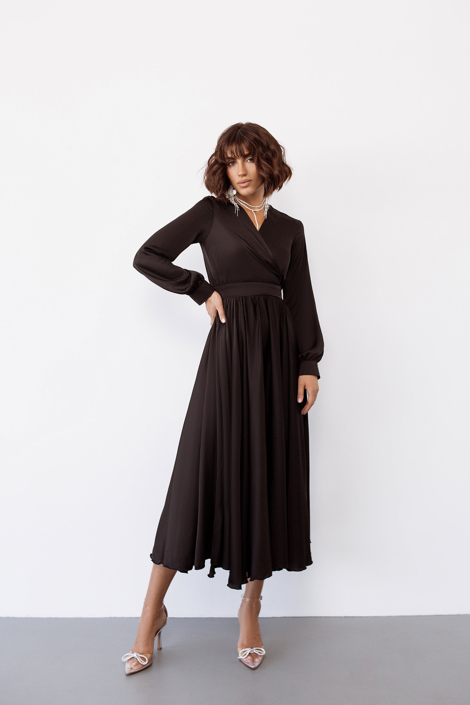 Adriana Black Puff Sleeve Midi Wrap Dress