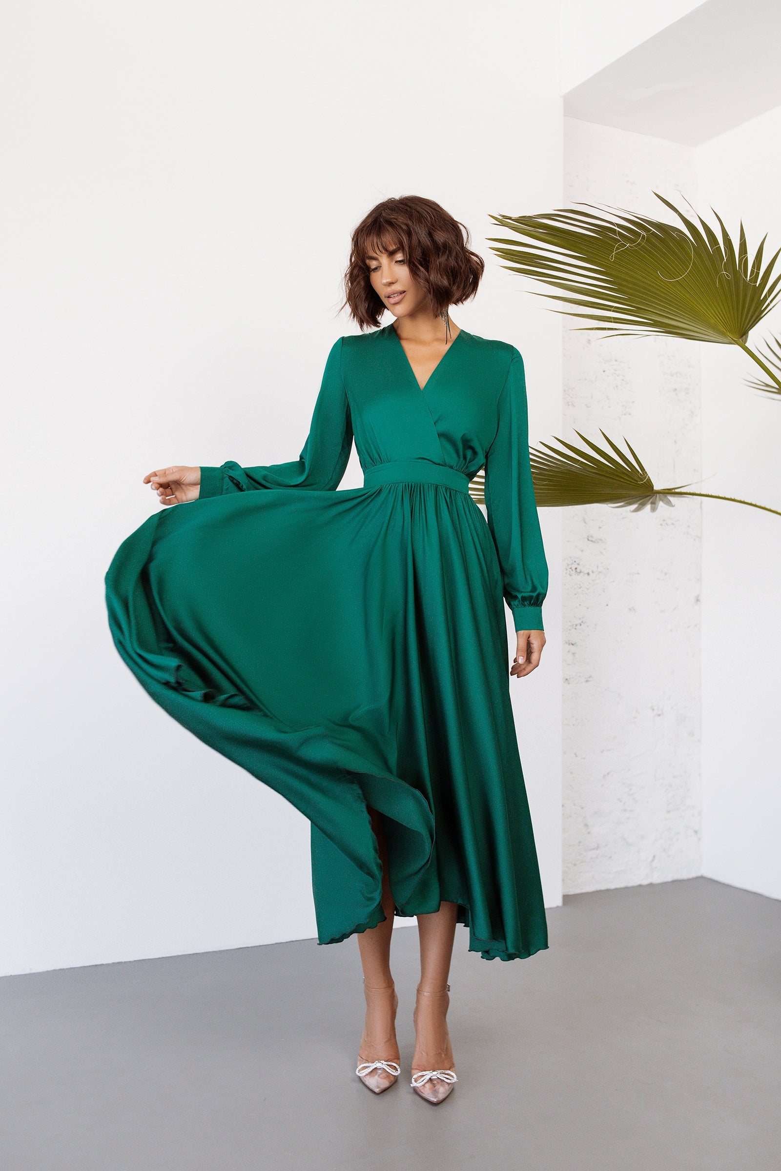 Adriana Emerald Puff Sleeve Midi Wrap Dress