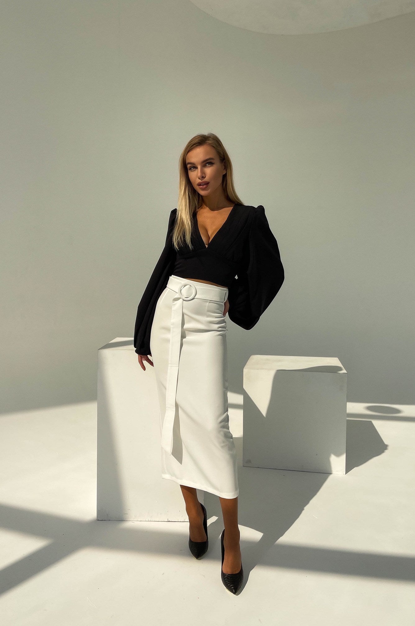 Giulia White High Waist Belted Midi Pencil Skirt
