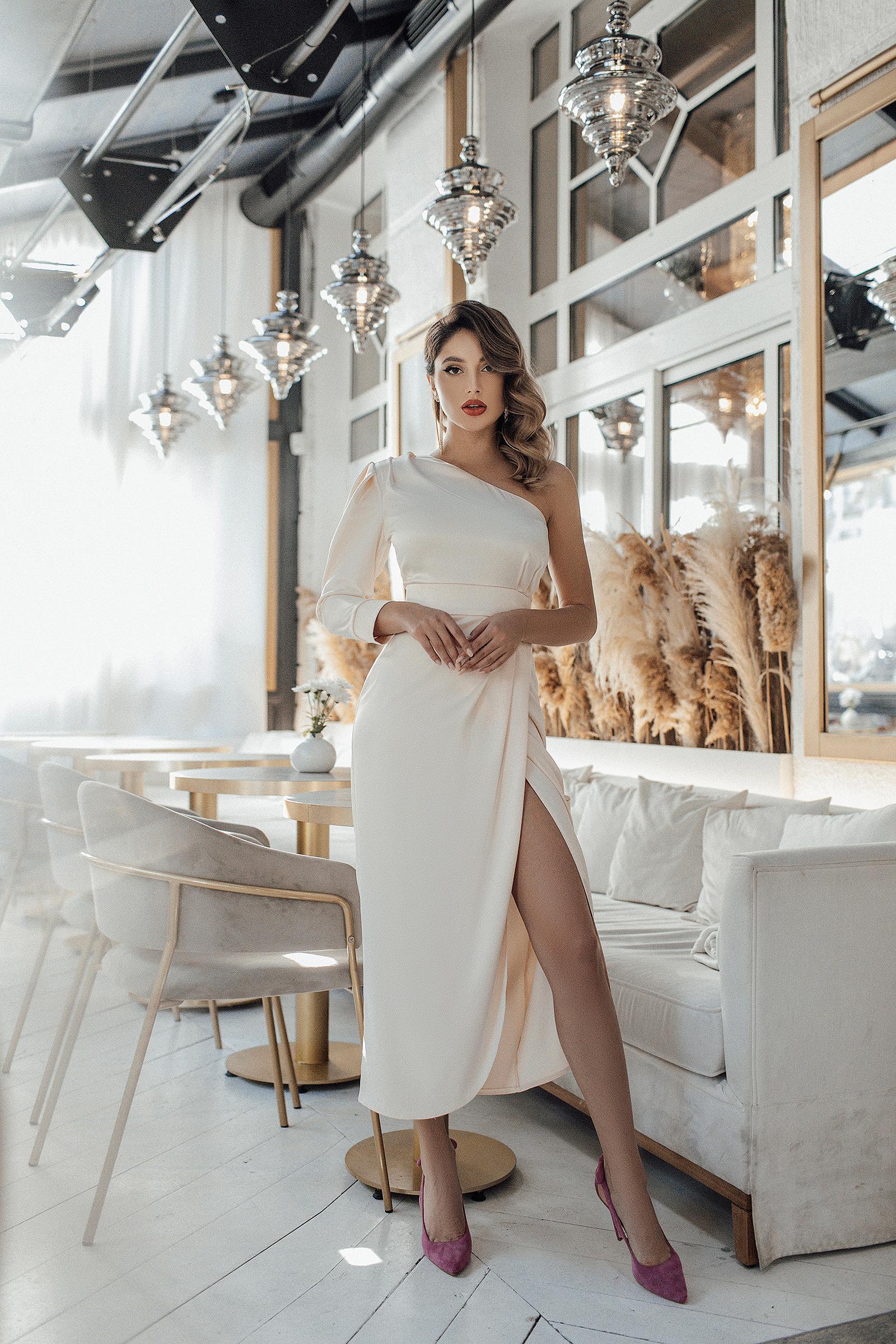 Beatrice White One-Shoulder Satin Midi Dress