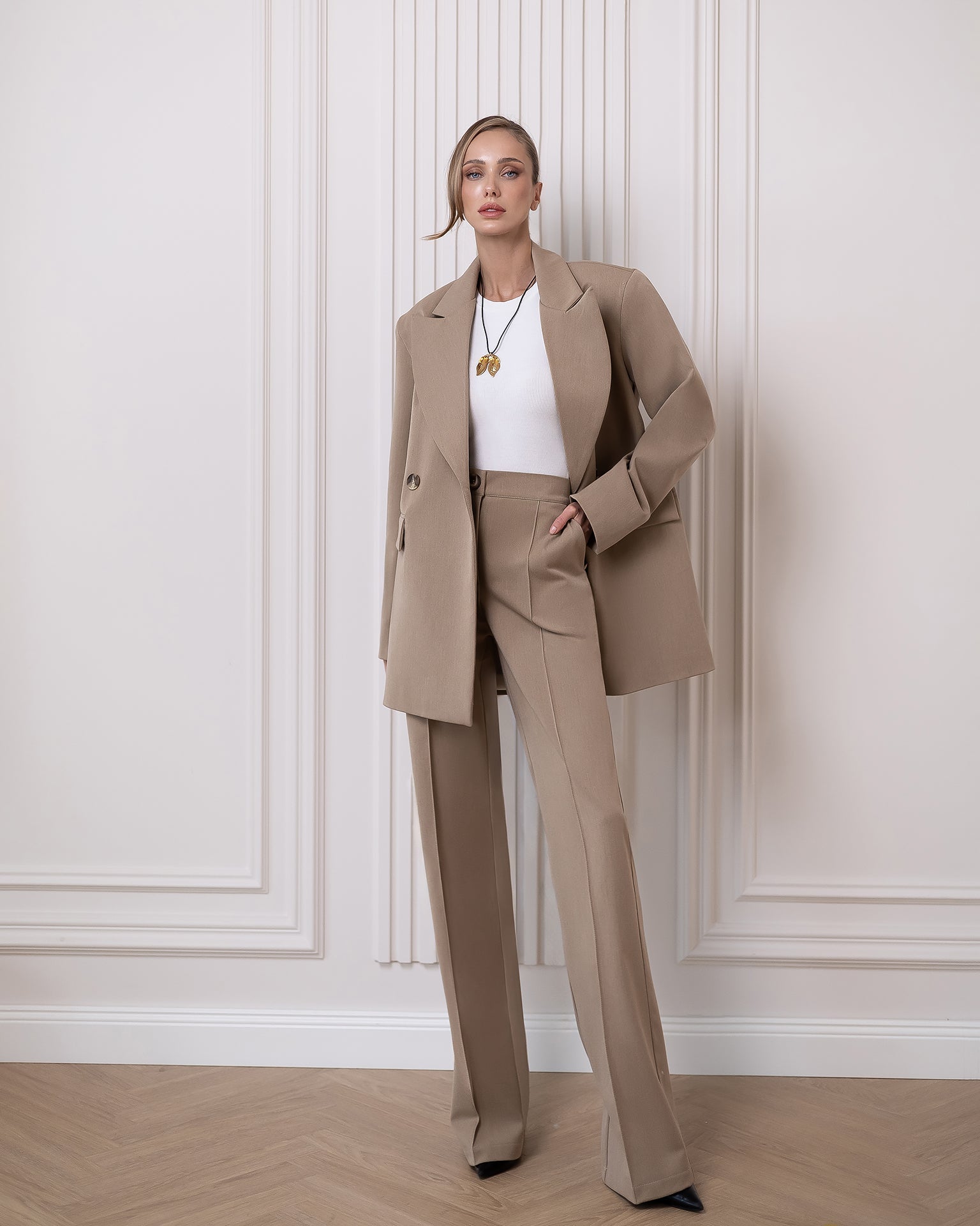 Camilla Beige Oversized Double-Breasted Two-Piece Suit