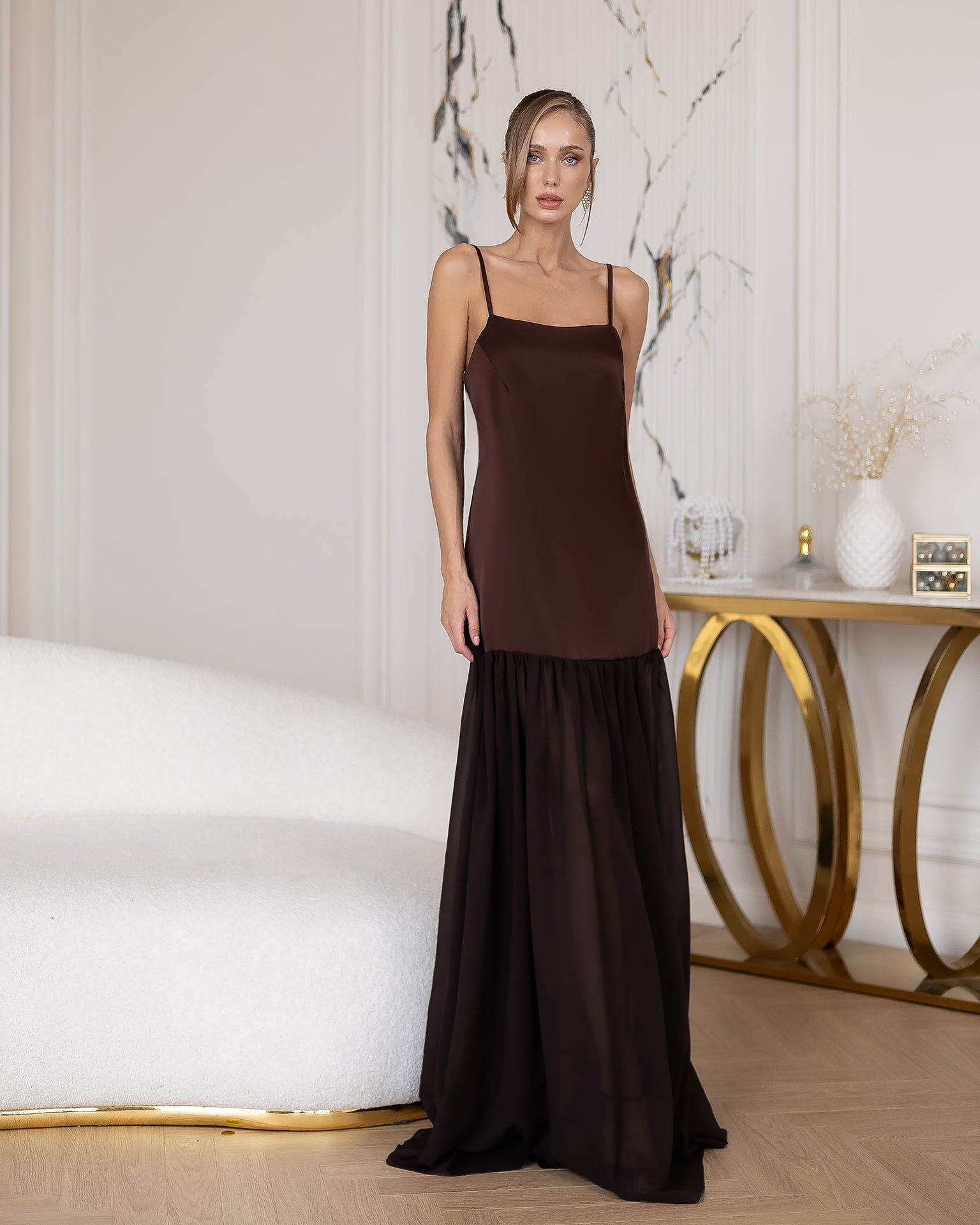 Giulia Brown Satin Spaghetti-Strap Dropped-Waist Maxi Dress