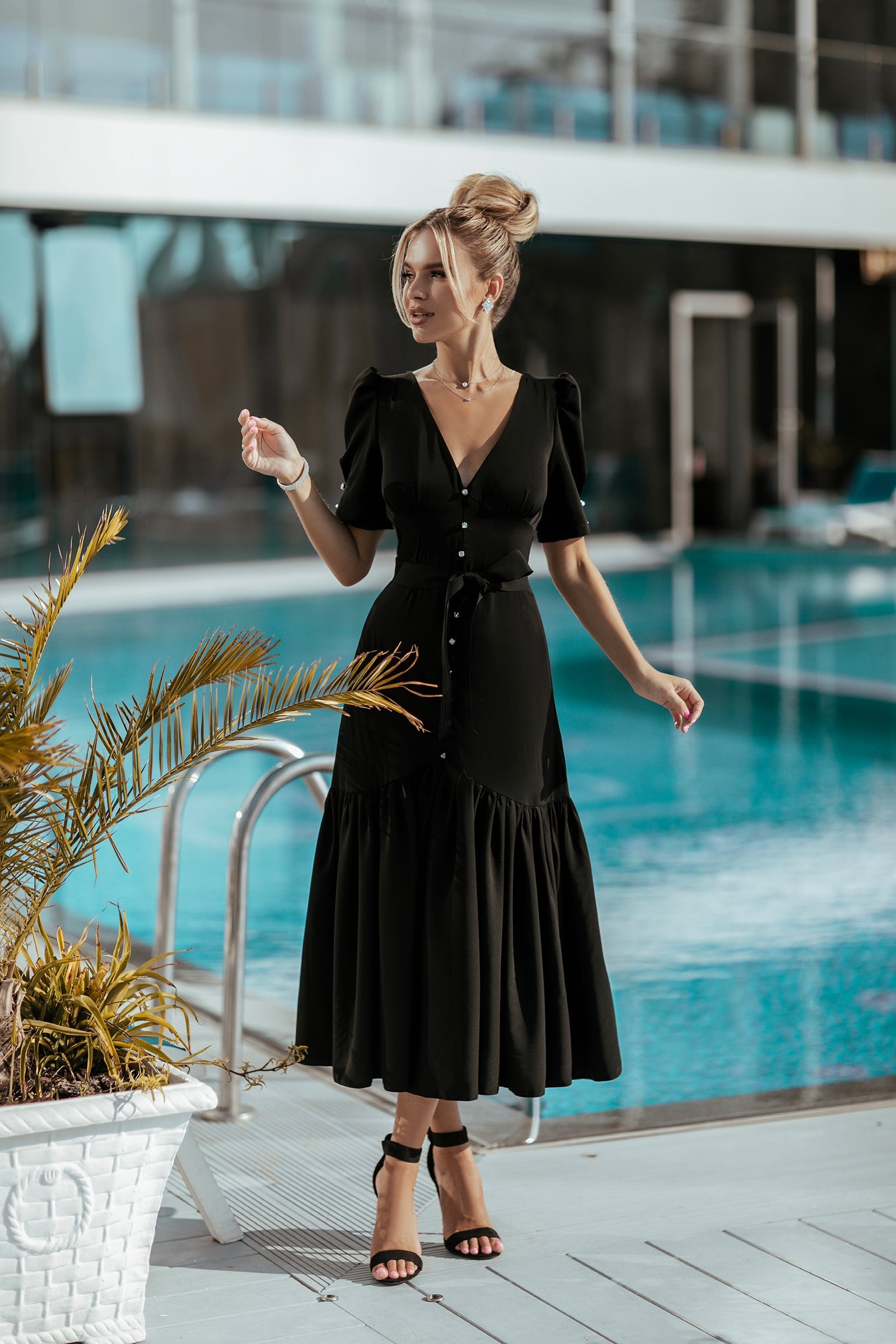 Aurora Black Puff-Sleeve Belted Midi Dress