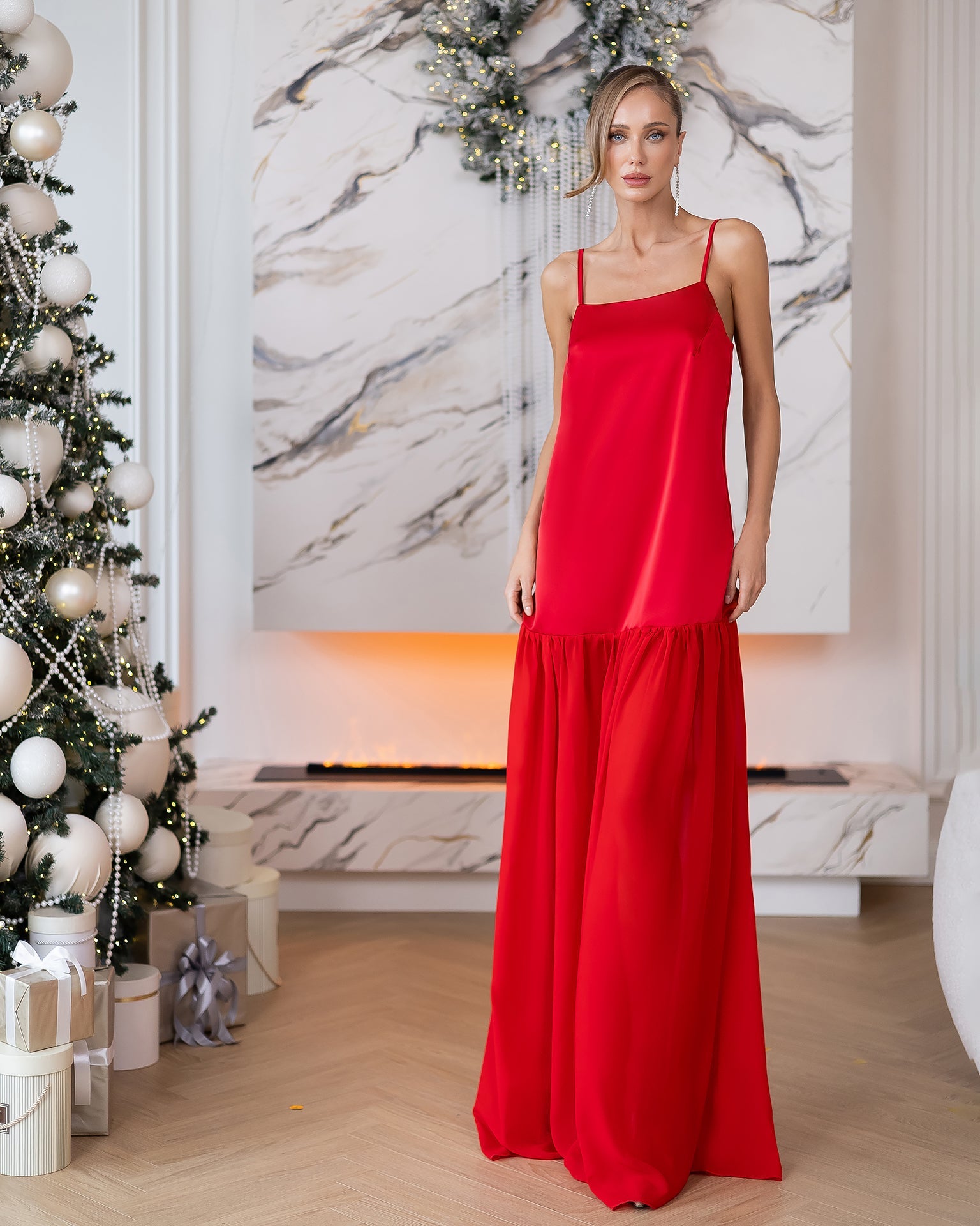 Giulia Red Satin Spaghetti-Strap Dropped-Waist Maxi Dress