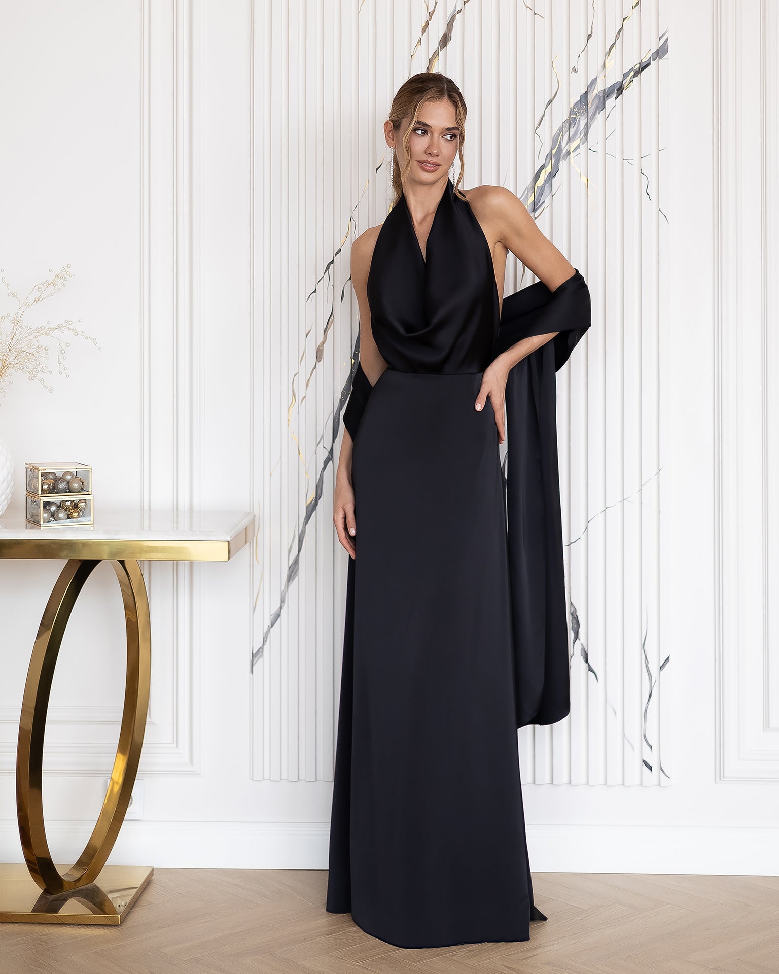 Camilla Black Satin Halter-Neck Backless Draped Maxi Dress