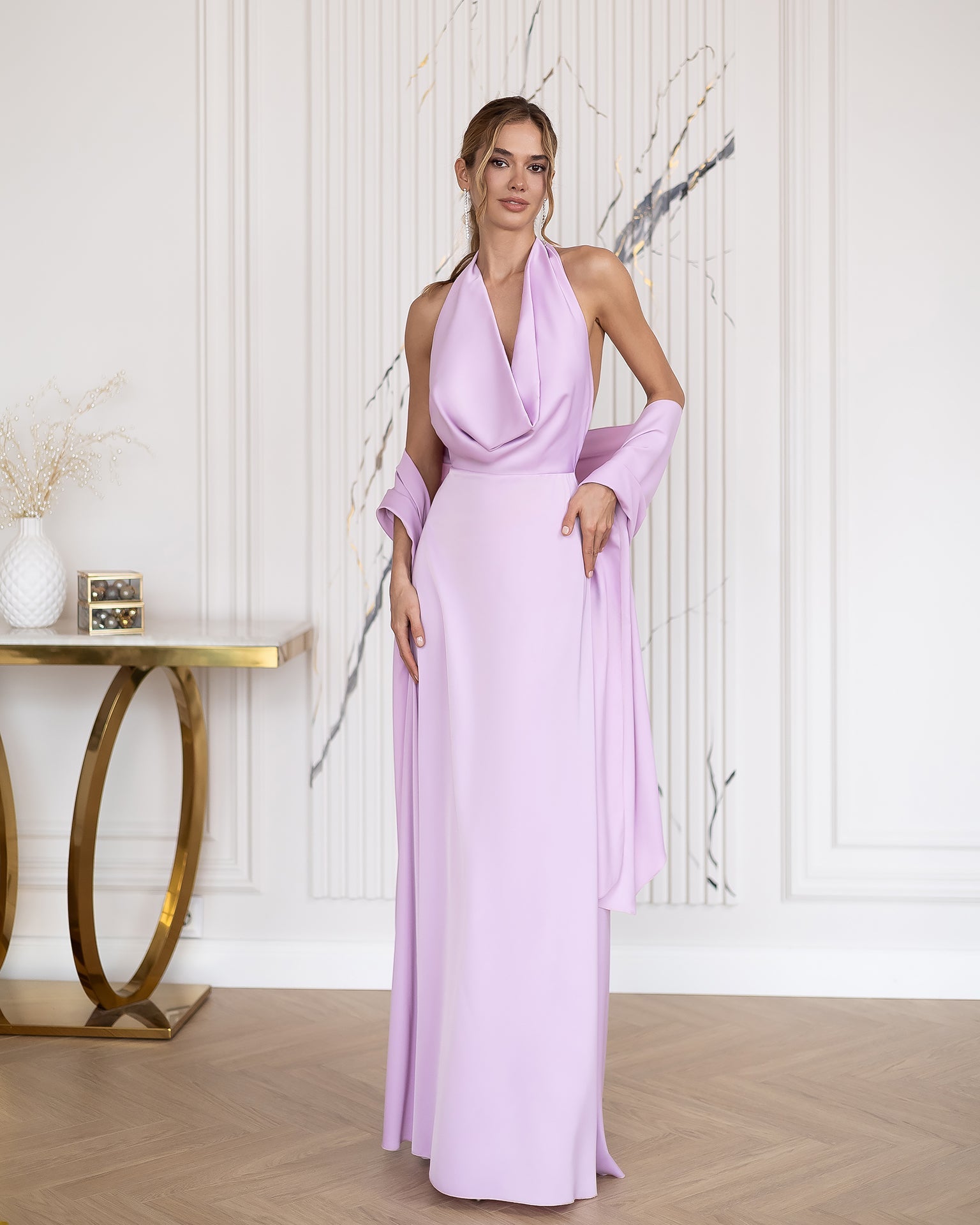 Camilla Pink Satin Halter-Neck Backless Draped Maxi Dress