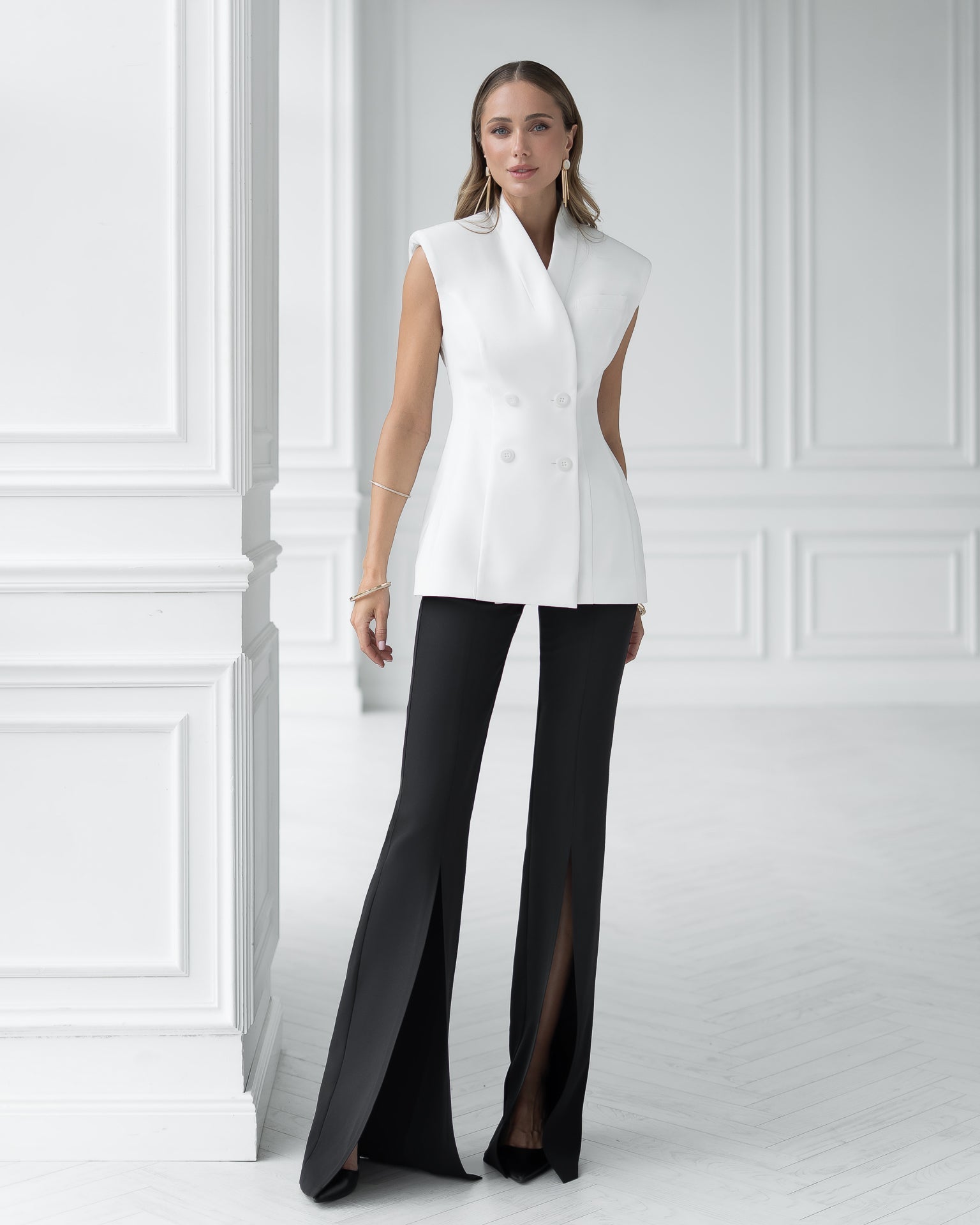 Camilla White Collarless Double-Breasted Sleeveless Blazer