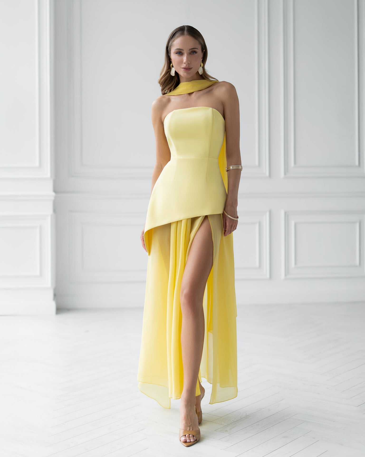 Adriana Yellow Strapless Chiffon Overskirt Maxi Dress
