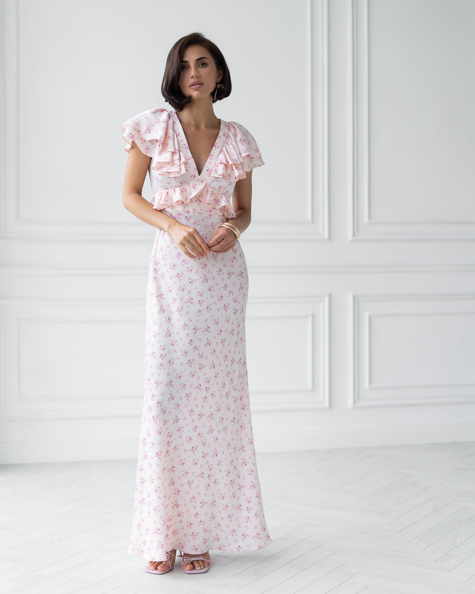 Sofia White Floral Print Ruffled V-Neck Maxi Dress