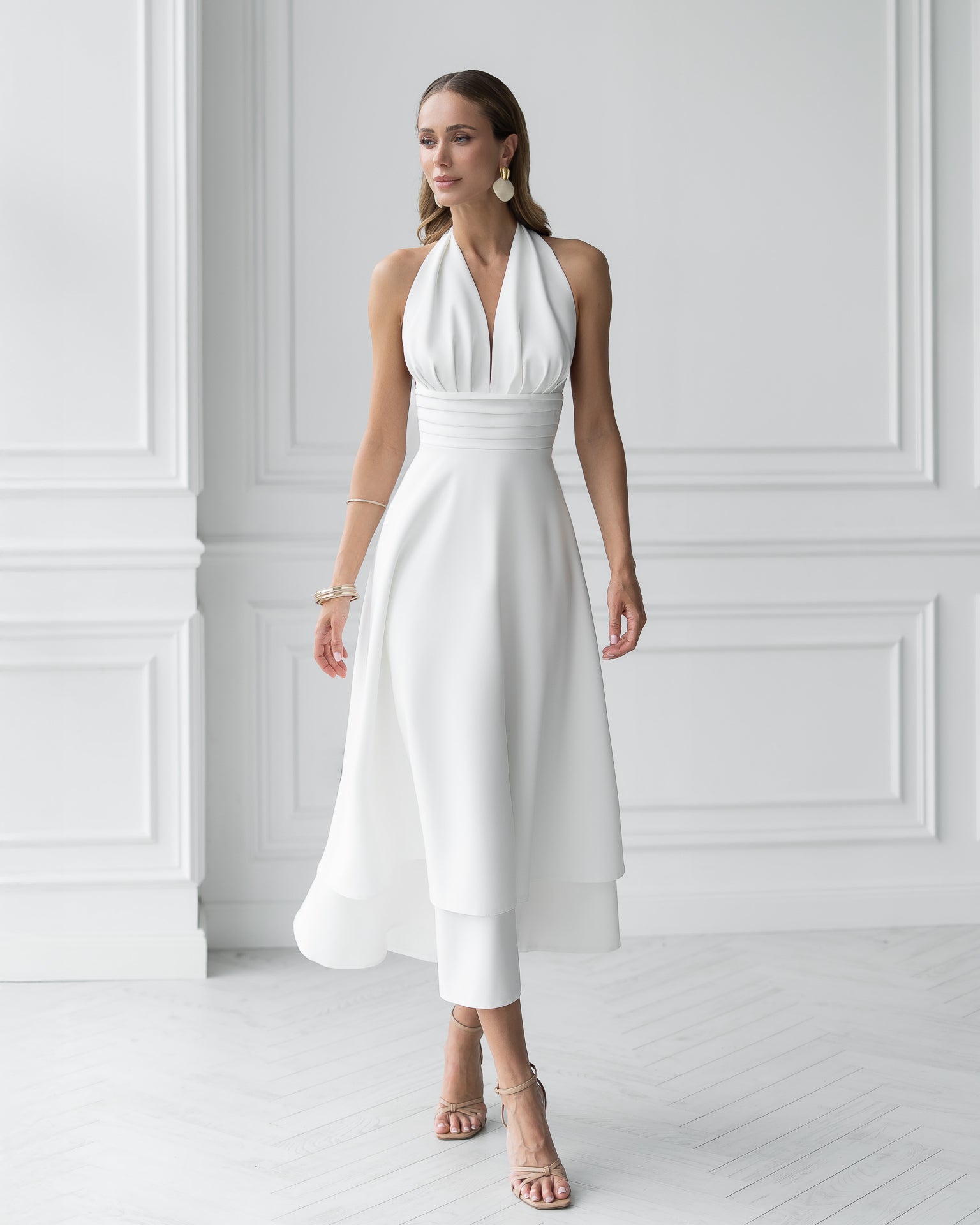 Adriana White Open-Back Halter-Neck Midi Dress