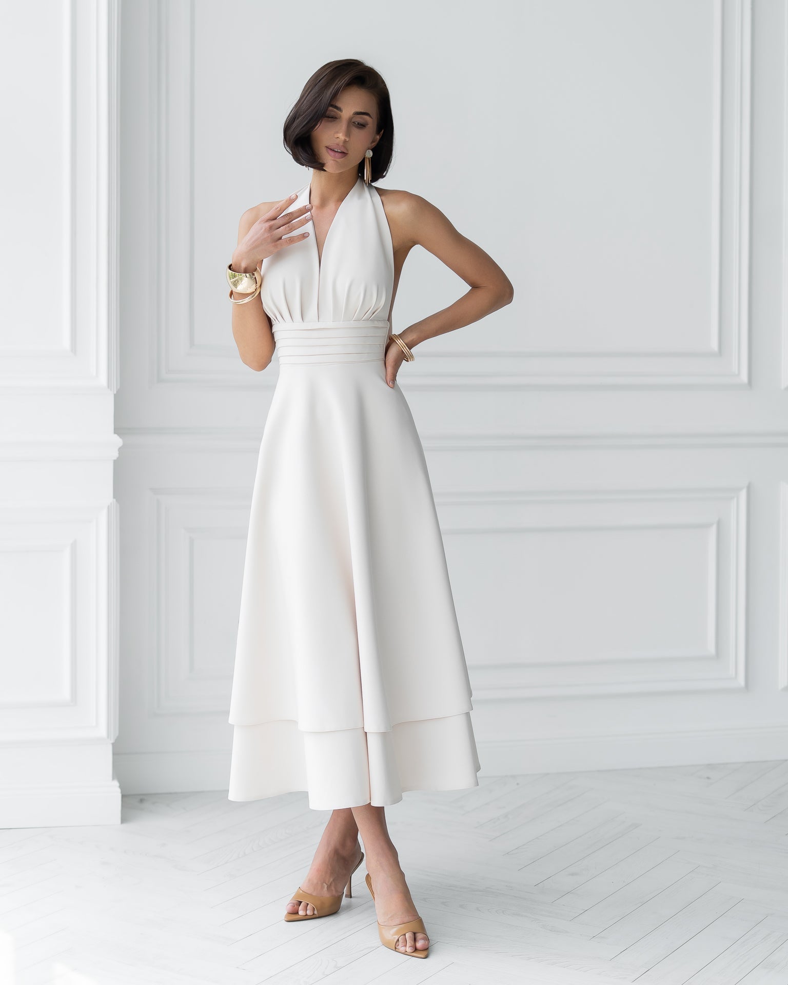 Adriana Beige Open-Back Halter-Neck Midi Dress
