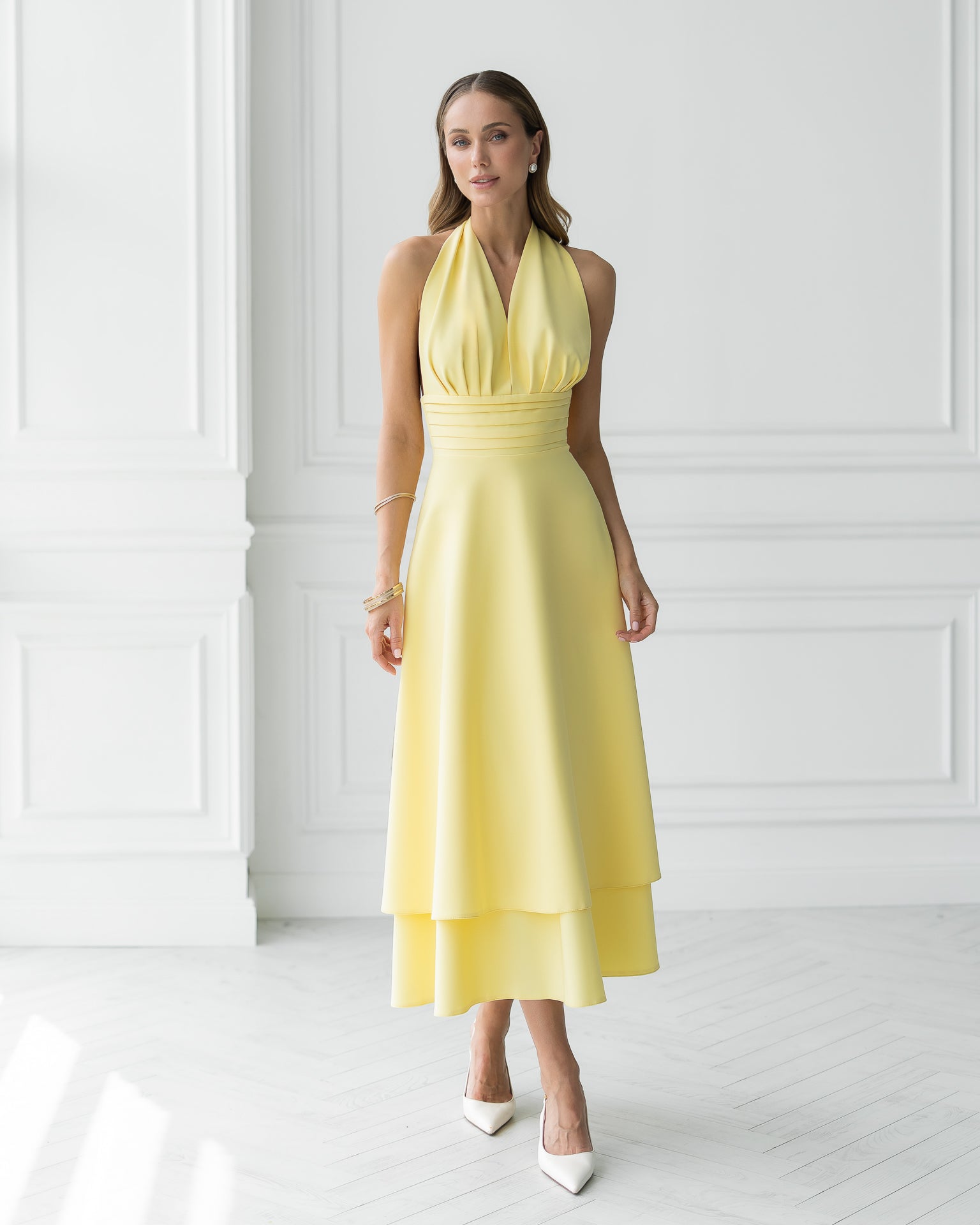 Adriana Yellow Open-Back Halter-Neck Midi Dress